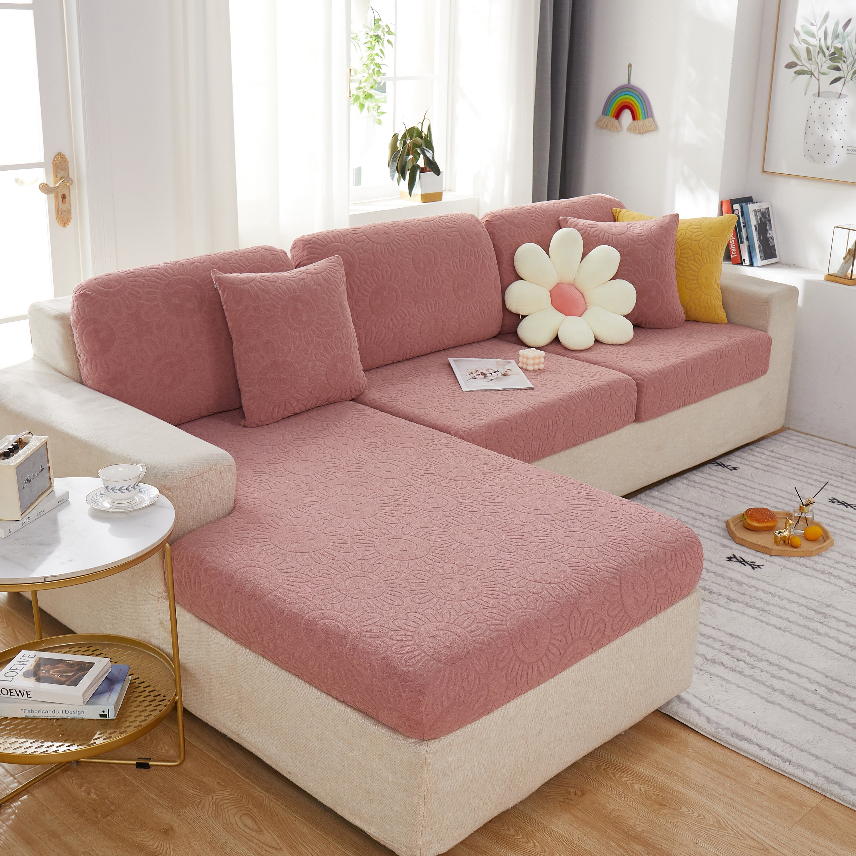 Sunflower Jacquard Fleece Stretchable Cushion Cover, Non-slip Furniture Covers For Pets, L Shaped Couch Cushion Covers