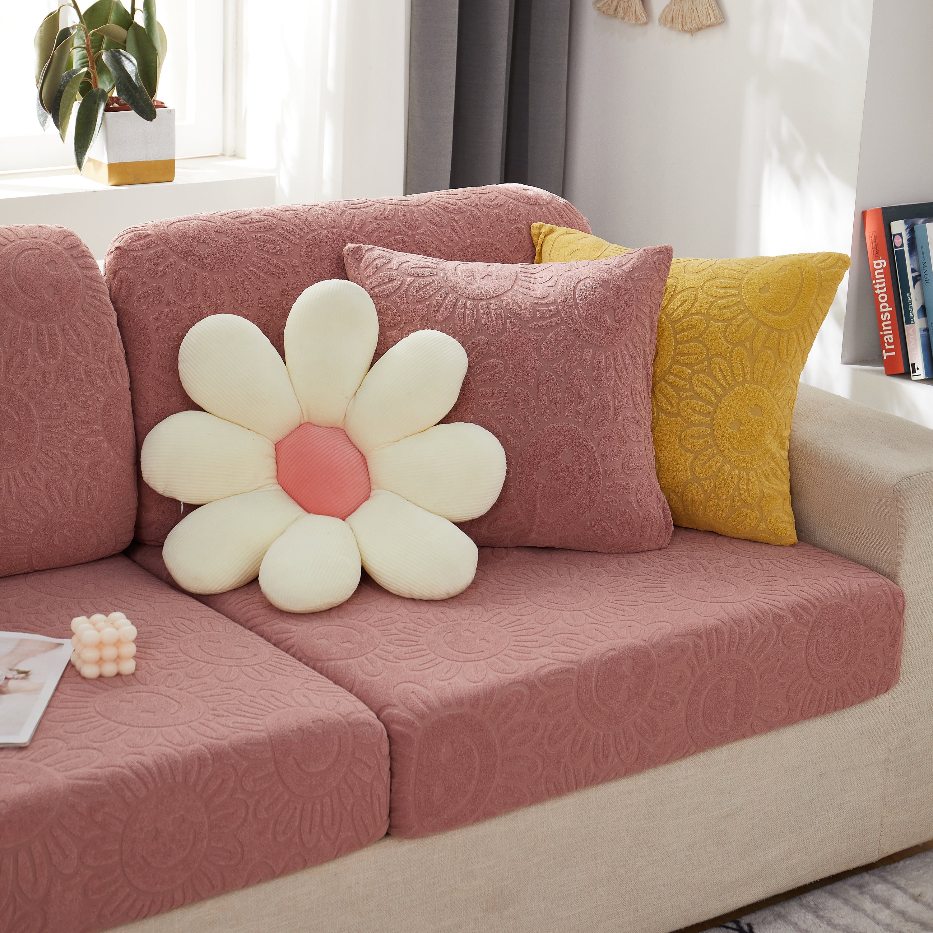 Sunflower Jacquard Fleece Stretchable Cushion Cover, Non-slip Furniture Covers For Pets, L Shaped Couch Cushion Covers
