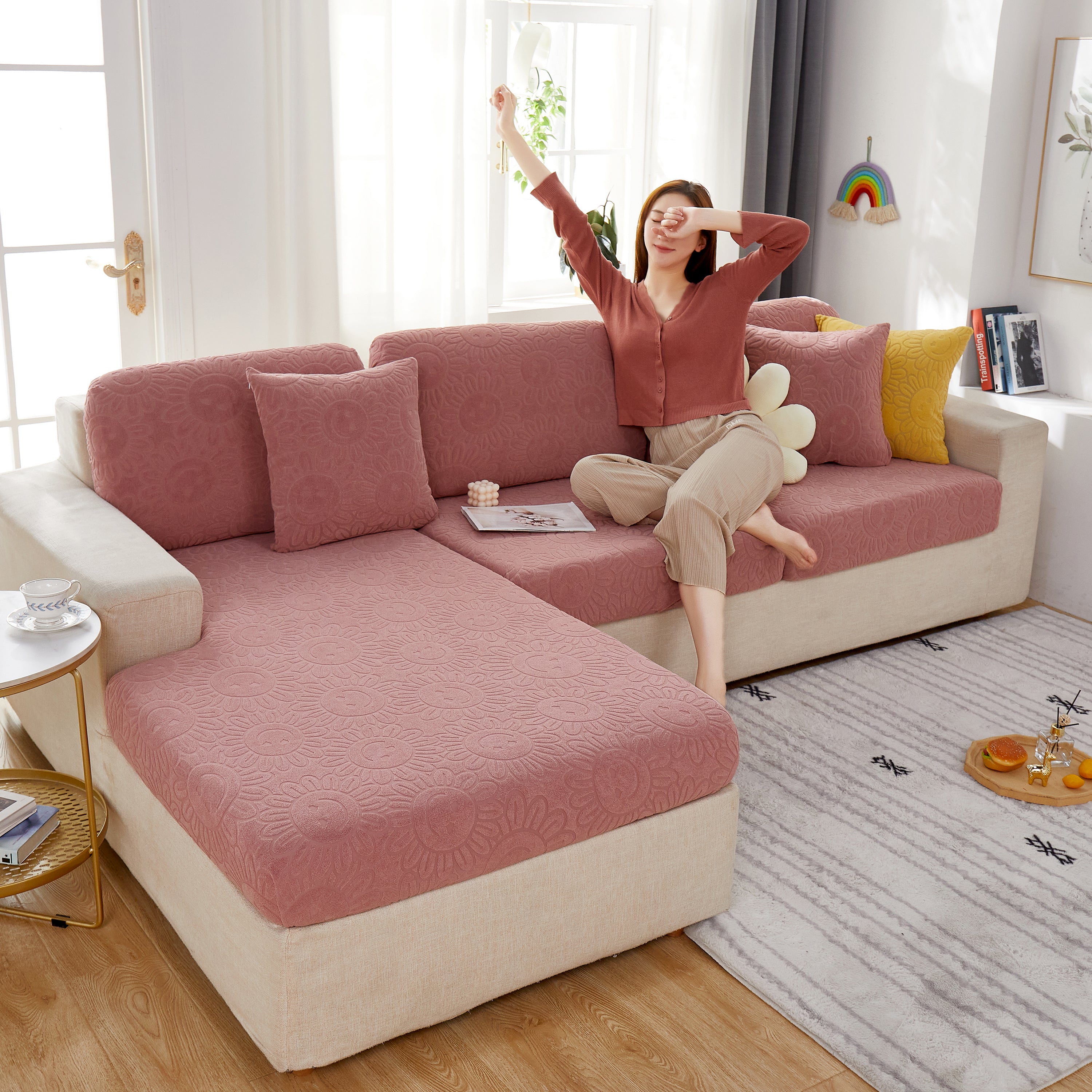 Sunflower Jacquard Fleece Stretchable Cushion Cover, Non-slip Furniture Covers For Pets, L Shaped Couch Cushion Covers