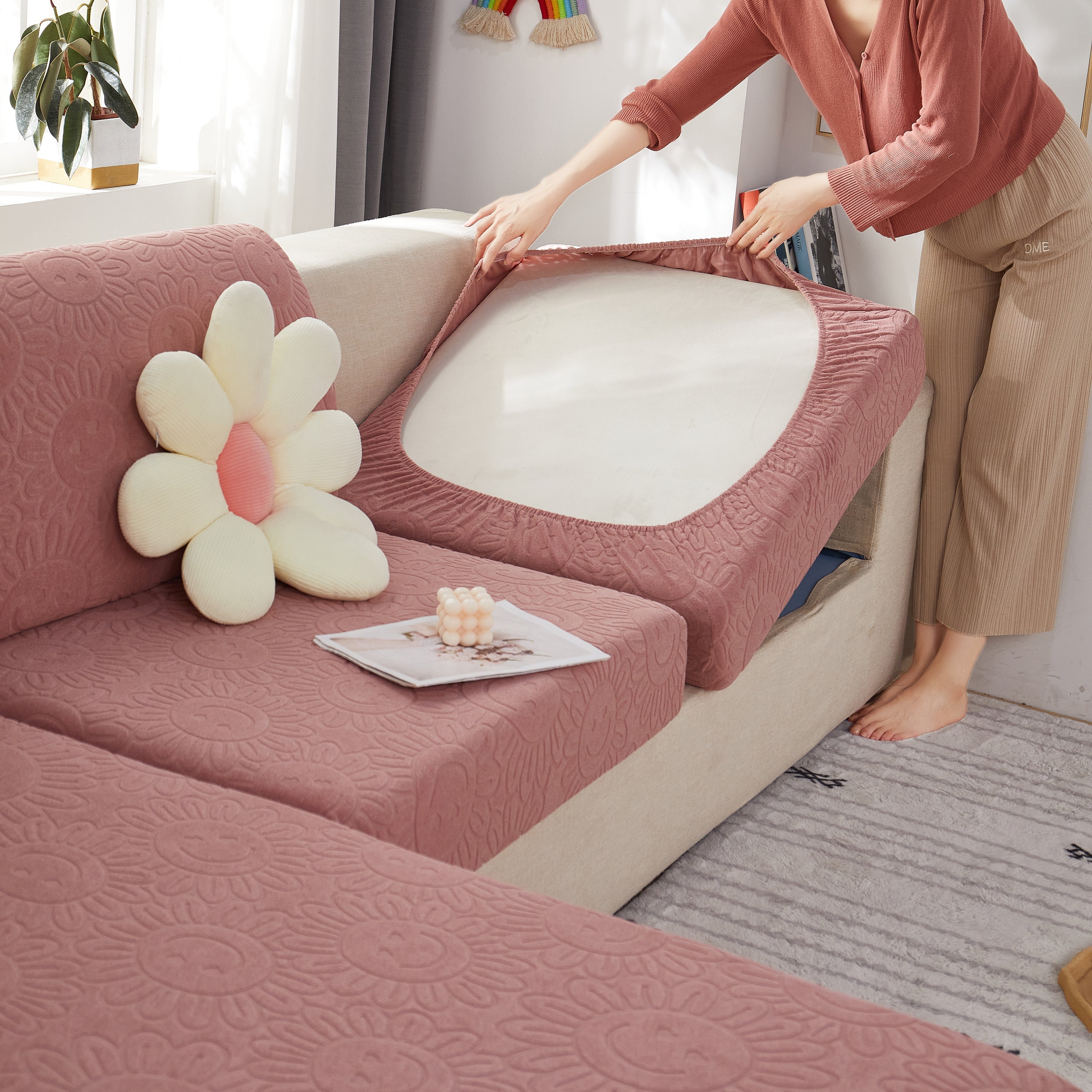 Sunflower Jacquard Fleece Stretchable Cushion Cover, Non-slip Furniture Covers For Pets, L Shaped Couch Cushion Covers