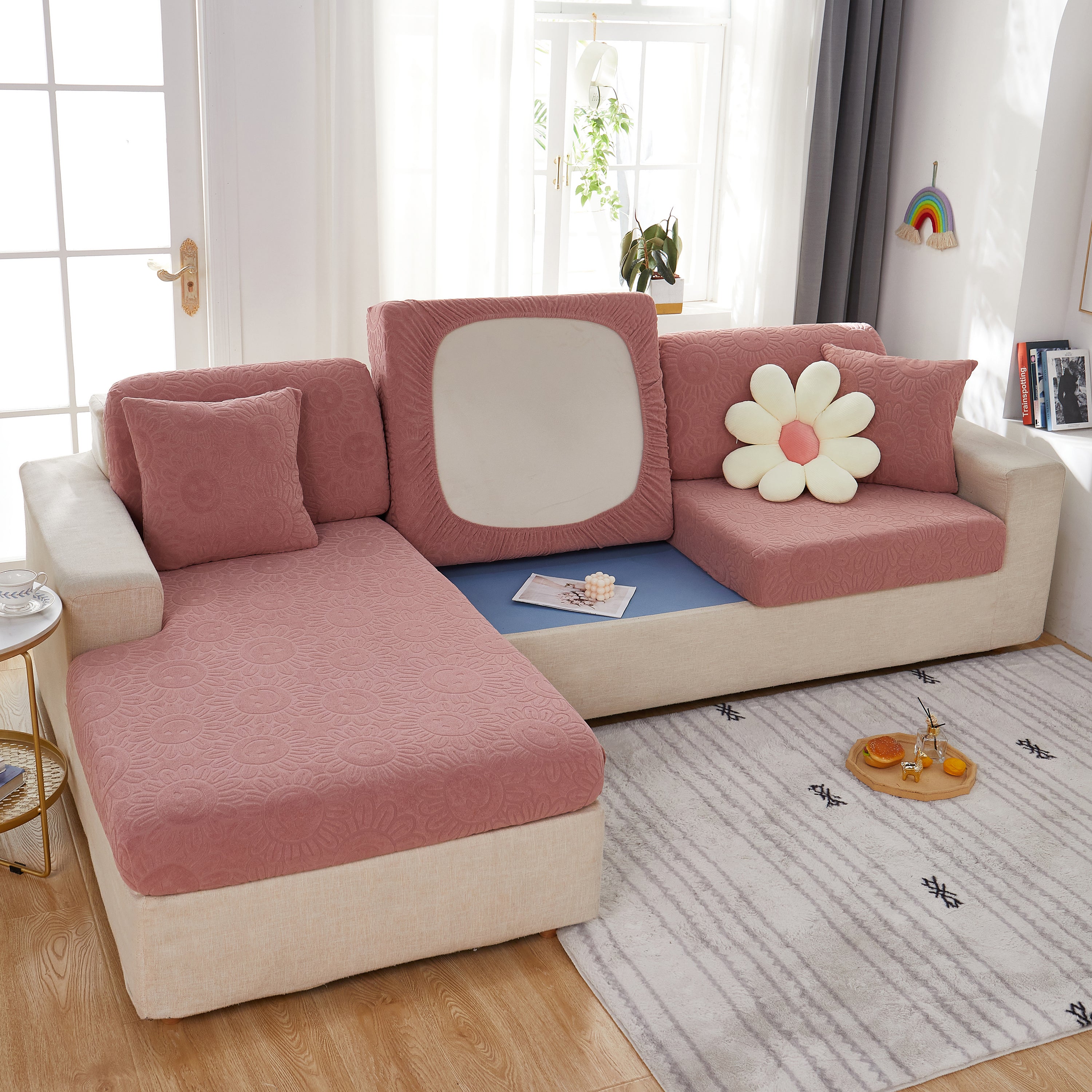 Sunflower Jacquard Fleece Stretchable Cushion Cover, Non-slip Furniture Covers For Pets, L Shaped Couch Cushion Covers