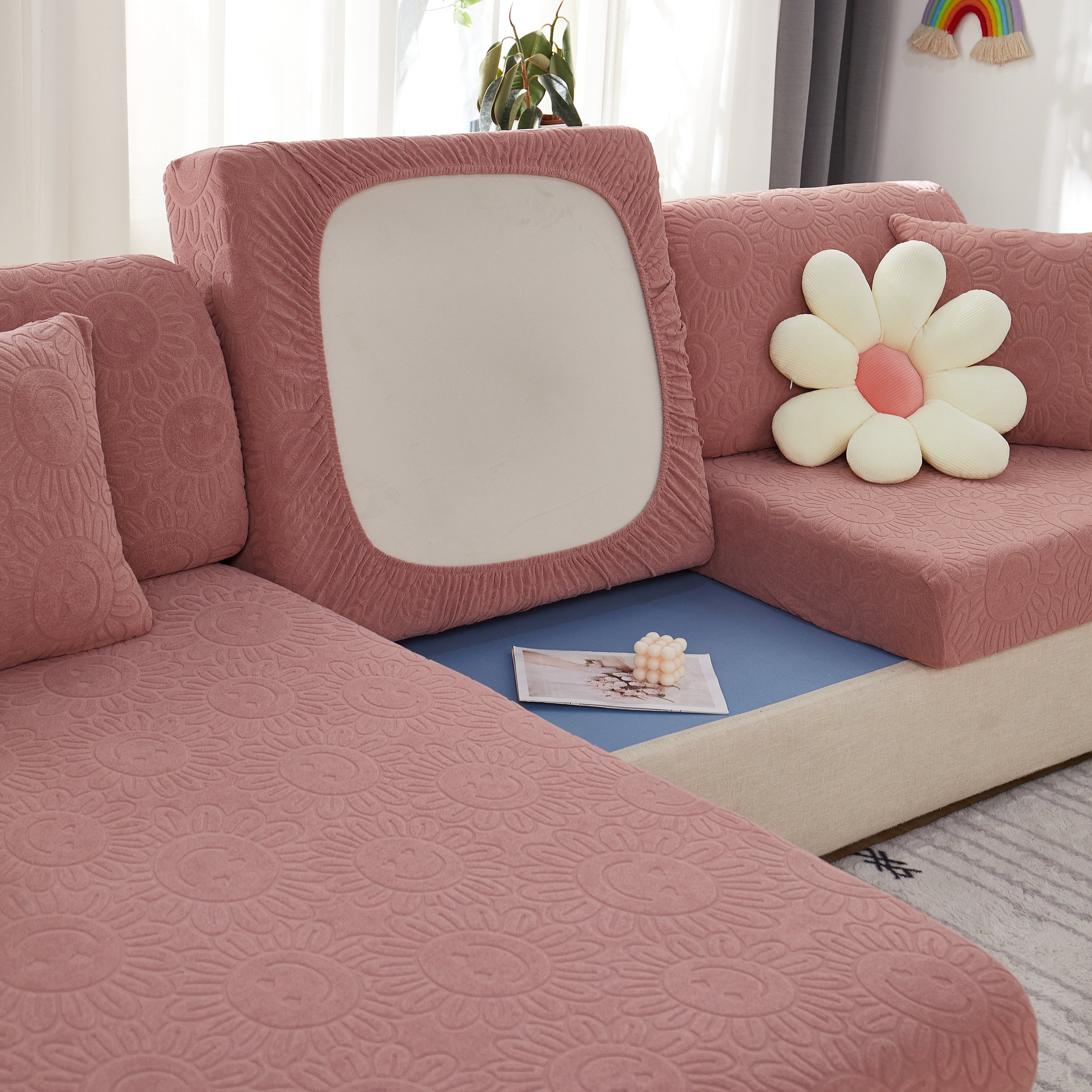 Sunflower Jacquard Fleece Stretchable Cushion Cover, Non-slip Furniture Covers For Pets, L Shaped Couch Cushion Covers
