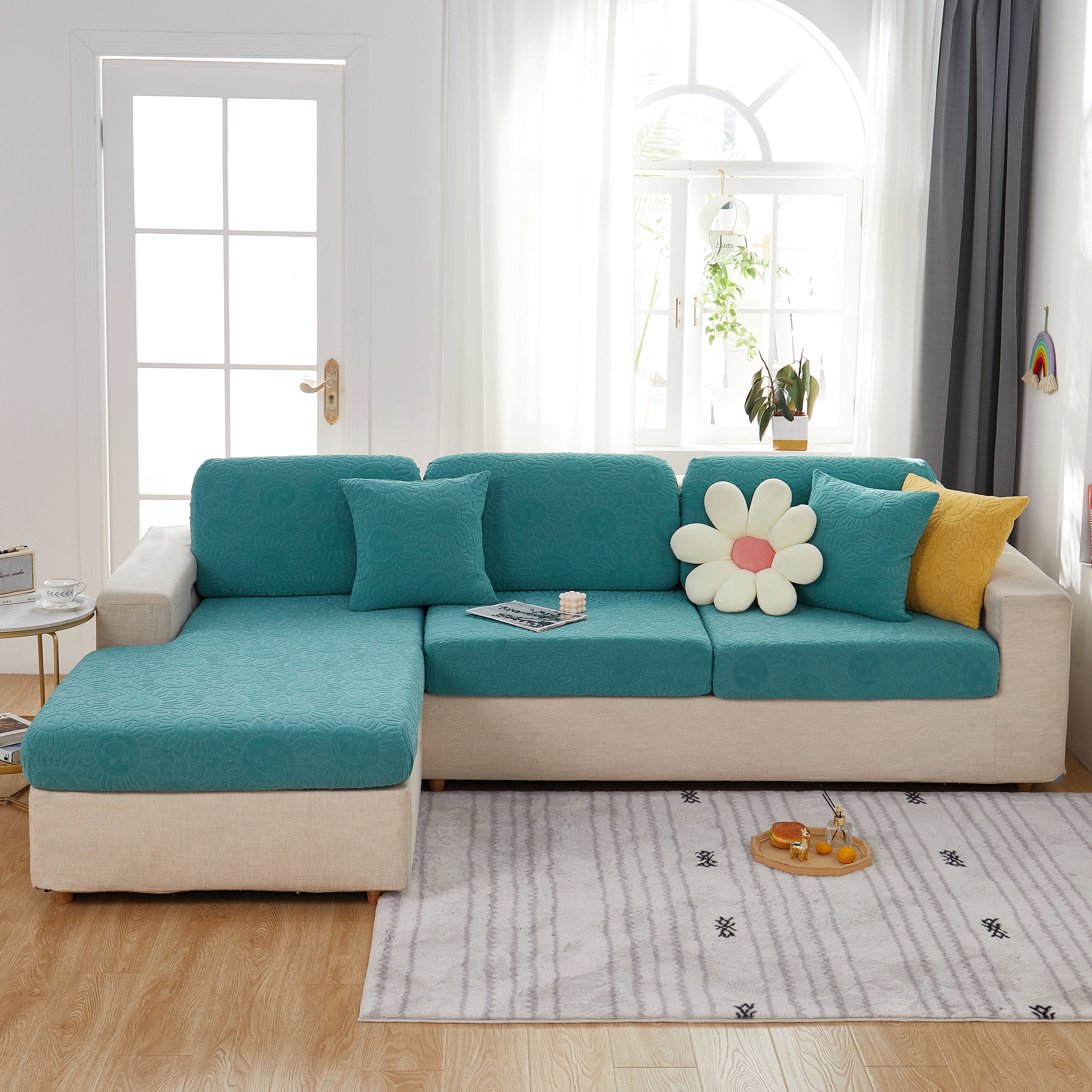 Sunflower Jacquard Fleece Stretchable Cushion Cover, Non-slip Furniture Covers For Pets, L Shaped Couch Cushion Covers
