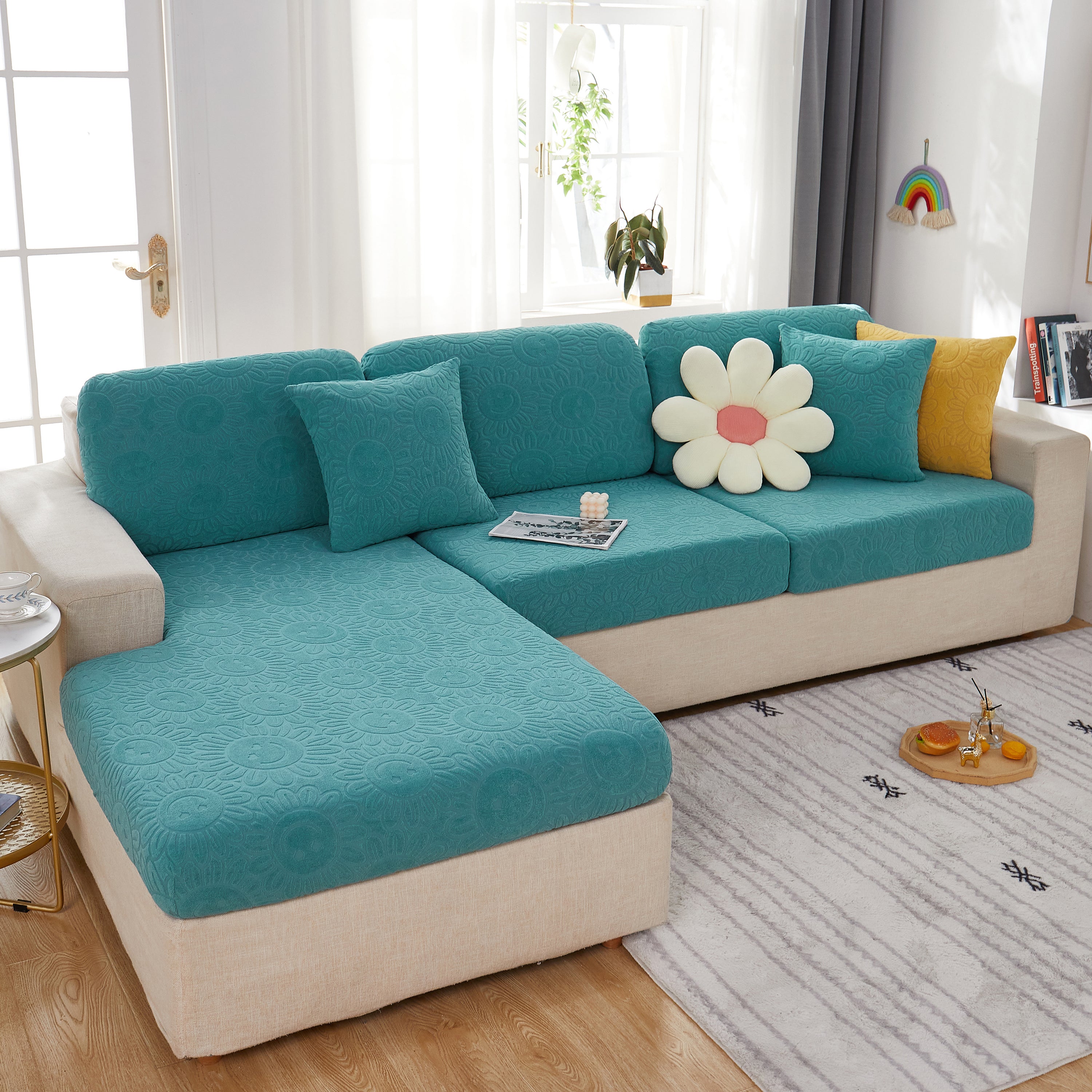 Sunflower Jacquard Fleece Stretchable Cushion Cover, Non-slip Furniture Covers For Pets, L Shaped Couch Cushion Covers