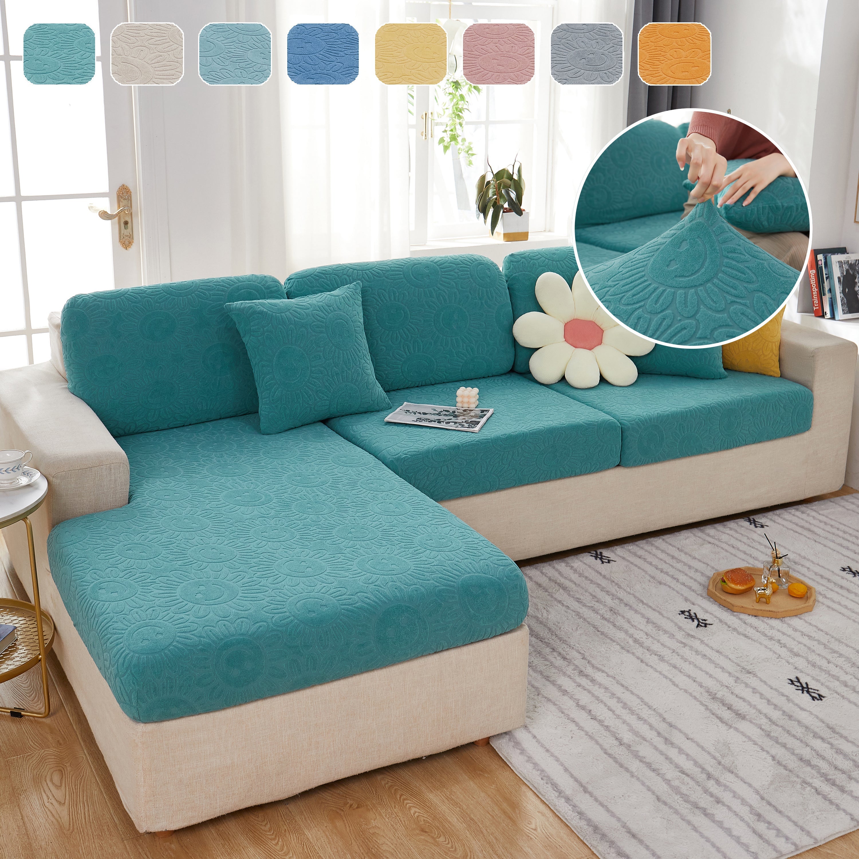 Sunflower Jacquard Fleece Stretchable Cushion Cover, Non-slip Furniture Covers For Pets, L Shaped Couch Cushion Covers