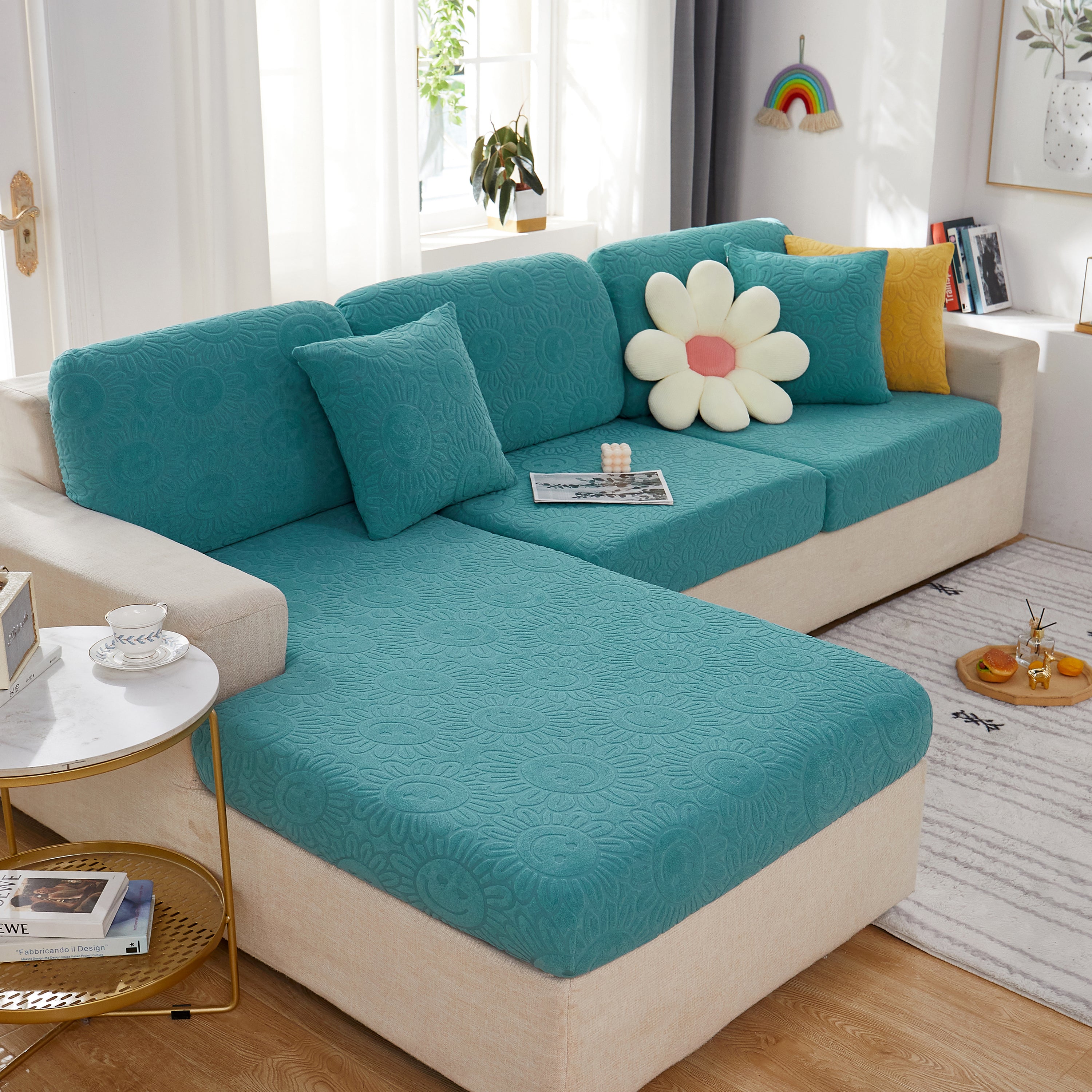 Sunflower Jacquard Fleece Stretchable Cushion Cover, Non-slip Furniture Covers For Pets, L Shaped Couch Cushion Covers