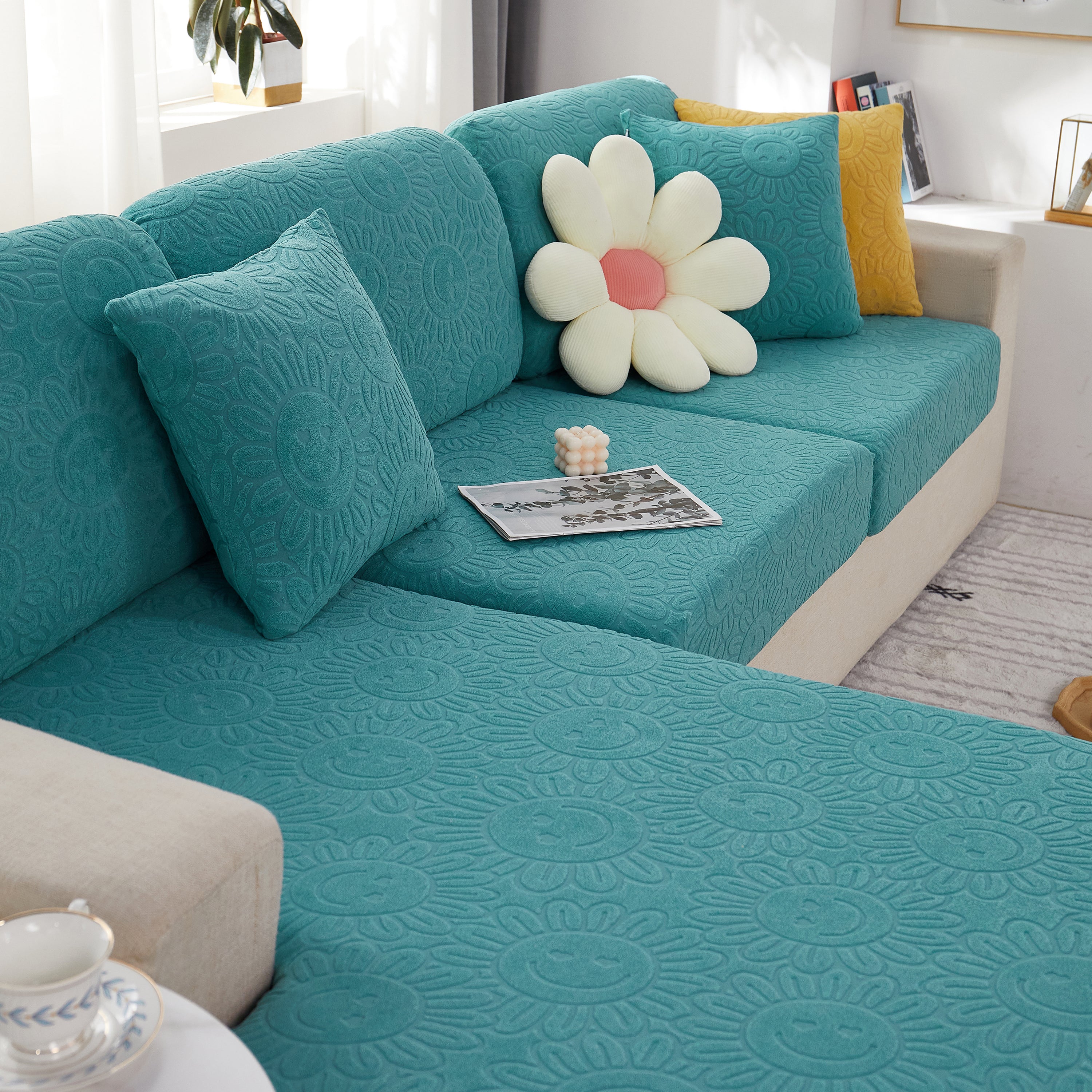 Sunflower Jacquard Fleece Stretchable Cushion Cover, Non-slip Furniture Covers For Pets, L Shaped Couch Cushion Covers
