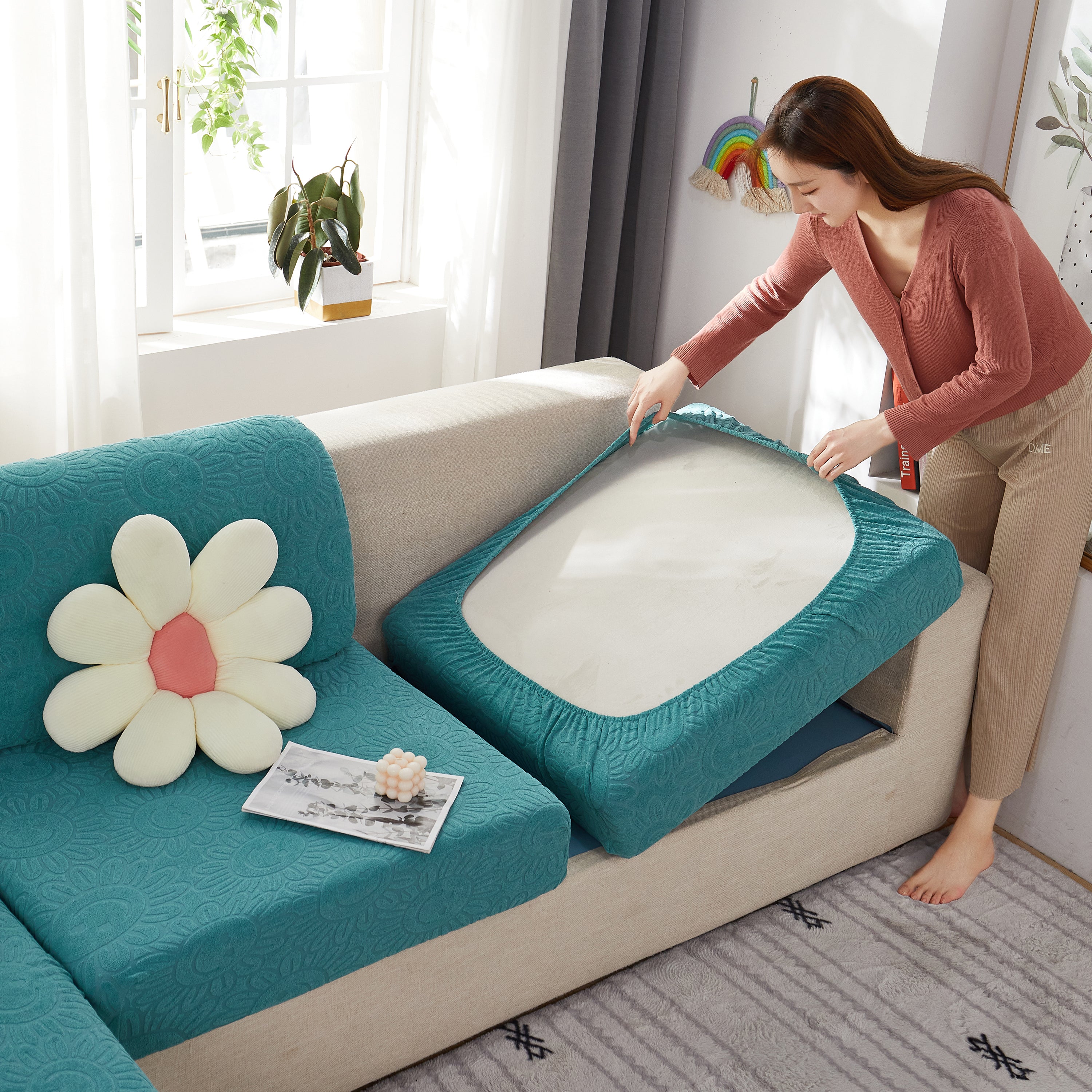Sunflower Jacquard Fleece Stretchable Cushion Cover, Non-slip Furniture Covers For Pets, L Shaped Couch Cushion Covers