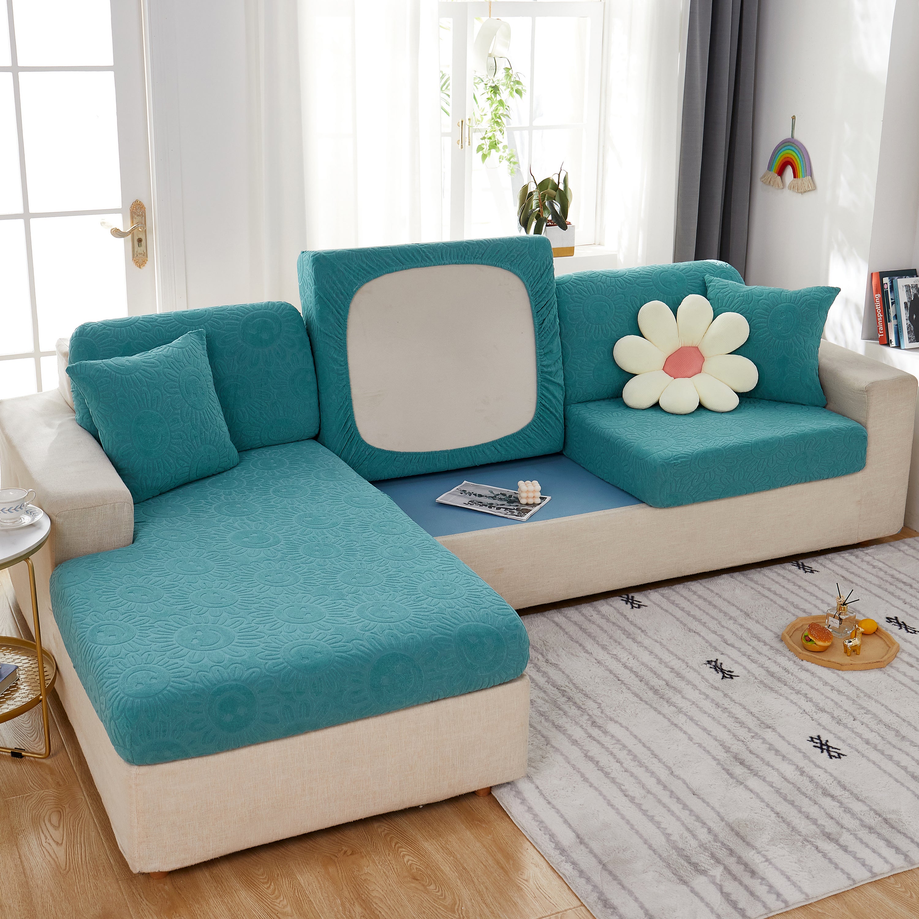 Sunflower Jacquard Fleece Stretchable Cushion Cover, Non-slip Furniture Covers For Pets, L Shaped Couch Cushion Covers