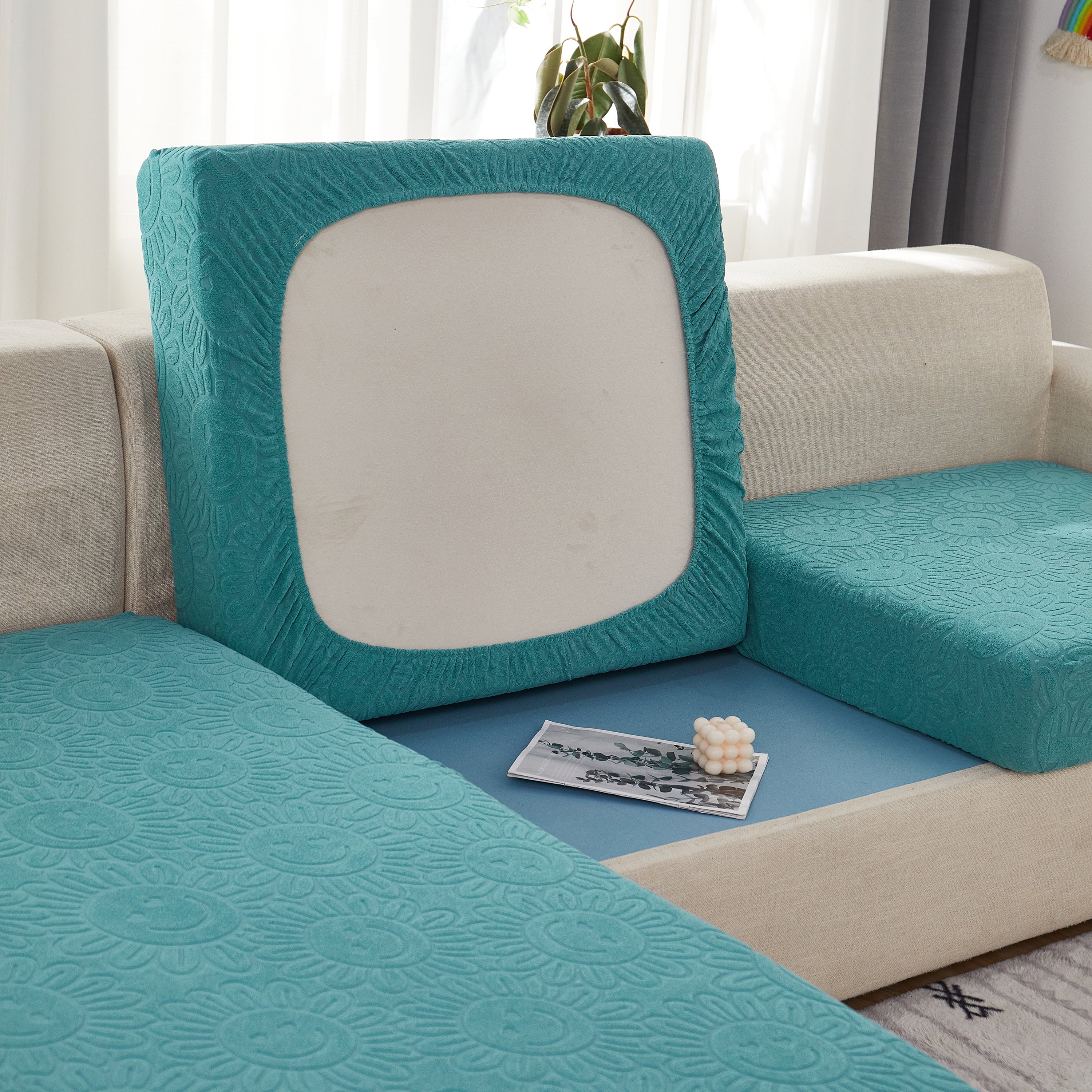 Sunflower Jacquard Fleece Stretchable Cushion Cover, Non-slip Furniture Covers For Pets, L Shaped Couch Cushion Covers