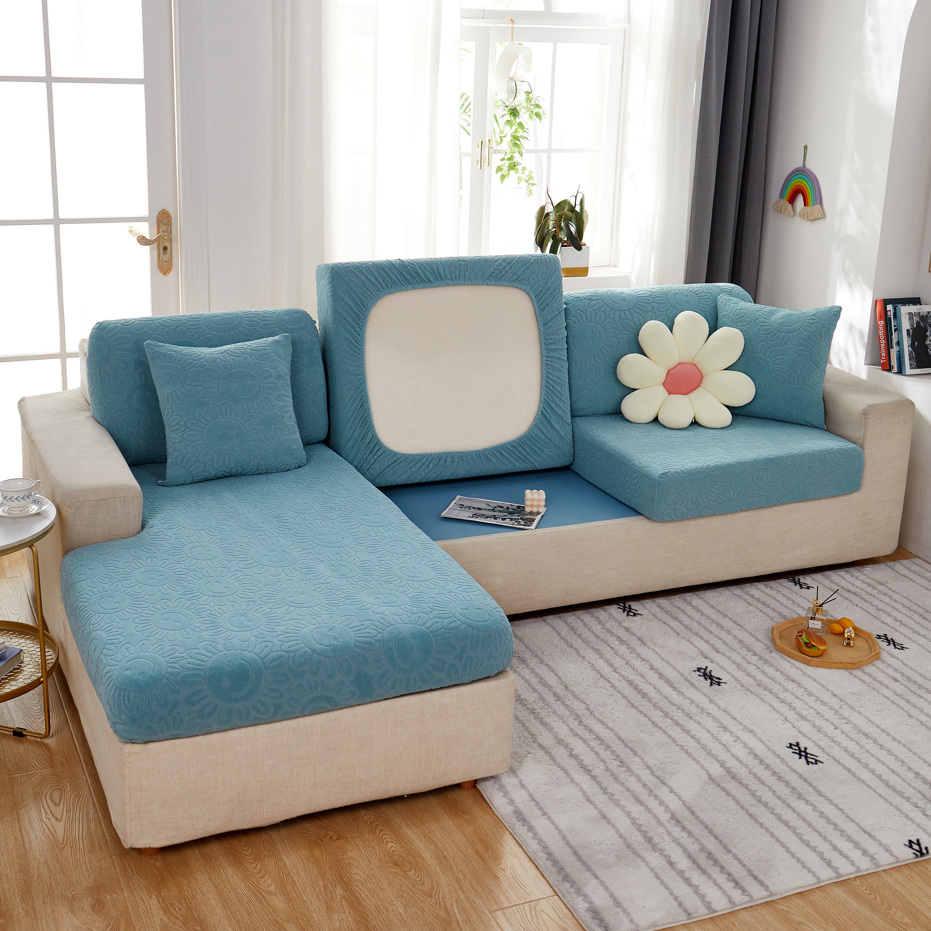 Sunflower Jacquard Fleece Stretchable Cushion Cover, Non-slip Furniture Covers For Pets, L Shaped Couch Cushion Covers