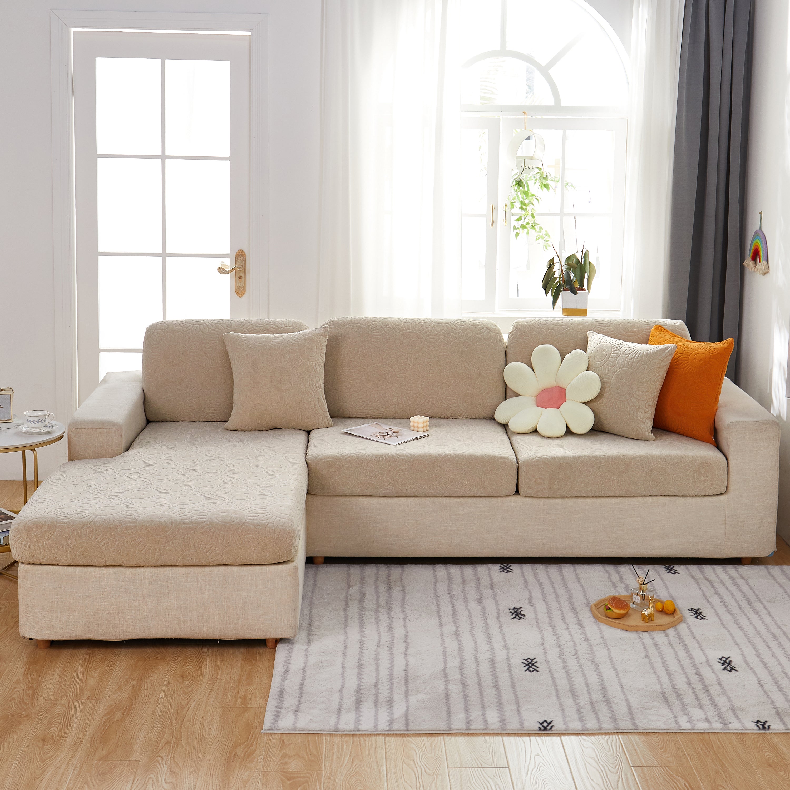 Sunflower Jacquard Fleece Stretchable Cushion Cover, Non-slip Furniture Covers For Pets, L Shaped Couch Cushion Covers