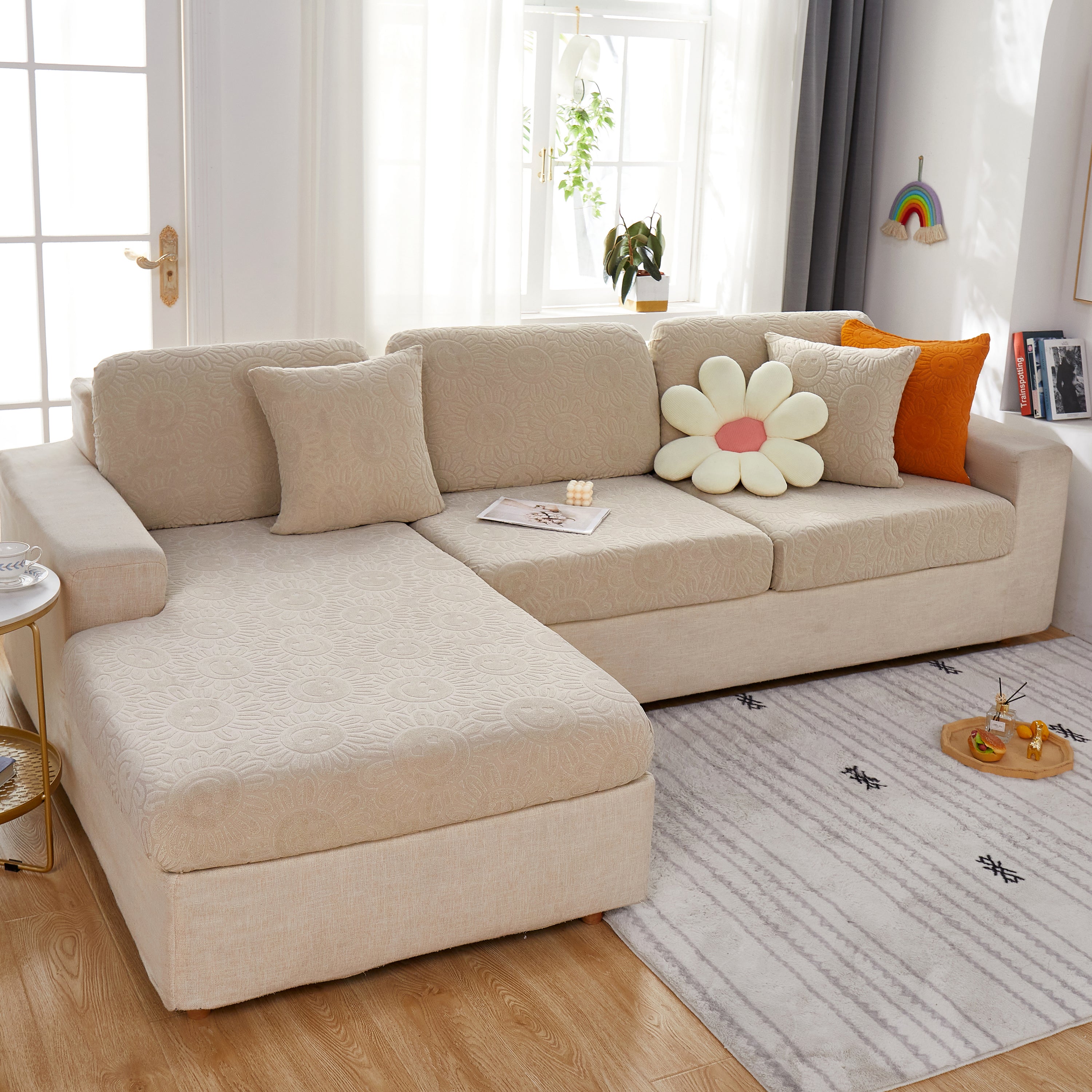 Sunflower Jacquard Fleece Stretchable Cushion Cover, Non-slip Furniture Covers For Pets, L Shaped Couch Cushion Covers