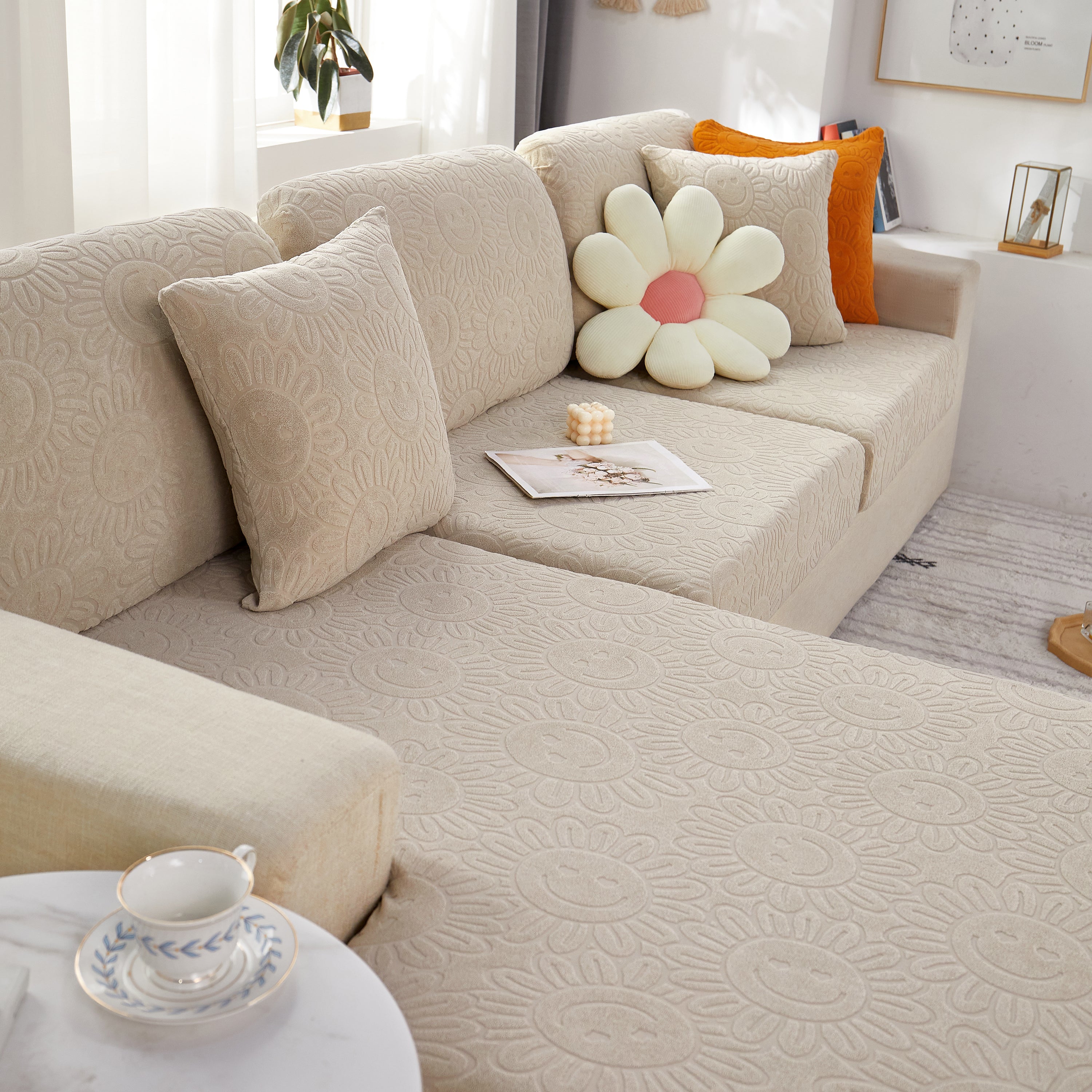 Sunflower Jacquard Fleece Stretchable Cushion Cover, Non-slip Furniture Covers For Pets, L Shaped Couch Cushion Covers