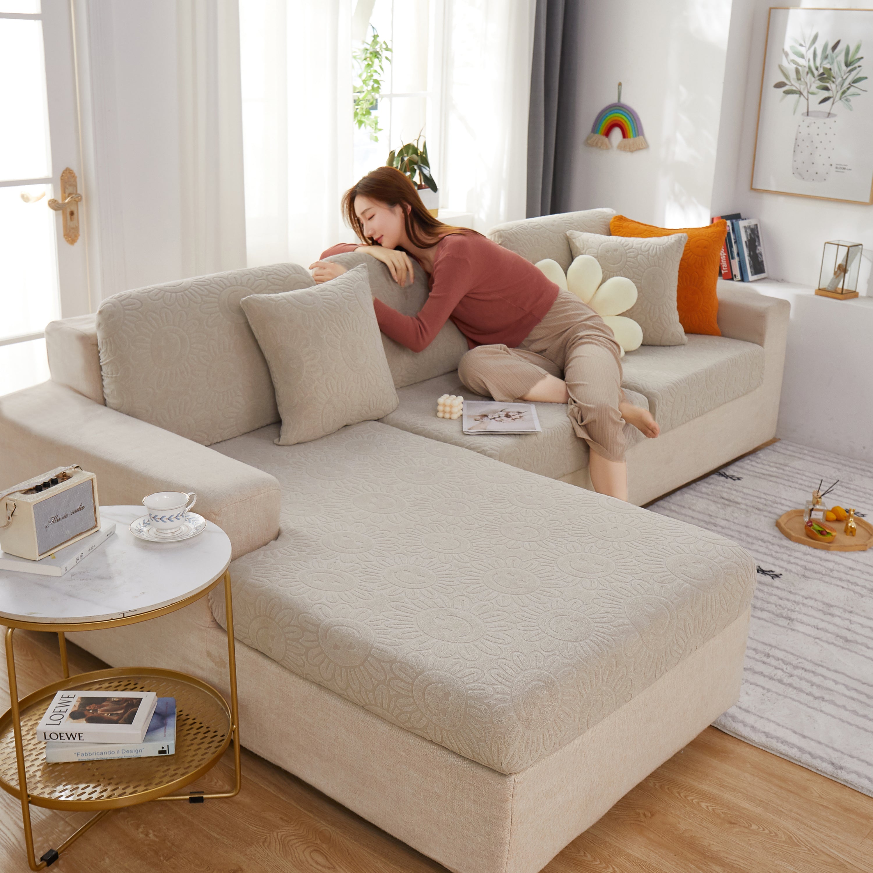 Sunflower Jacquard Fleece Stretchable Cushion Cover, Non-slip Furniture Covers For Pets, L Shaped Couch Cushion Covers
