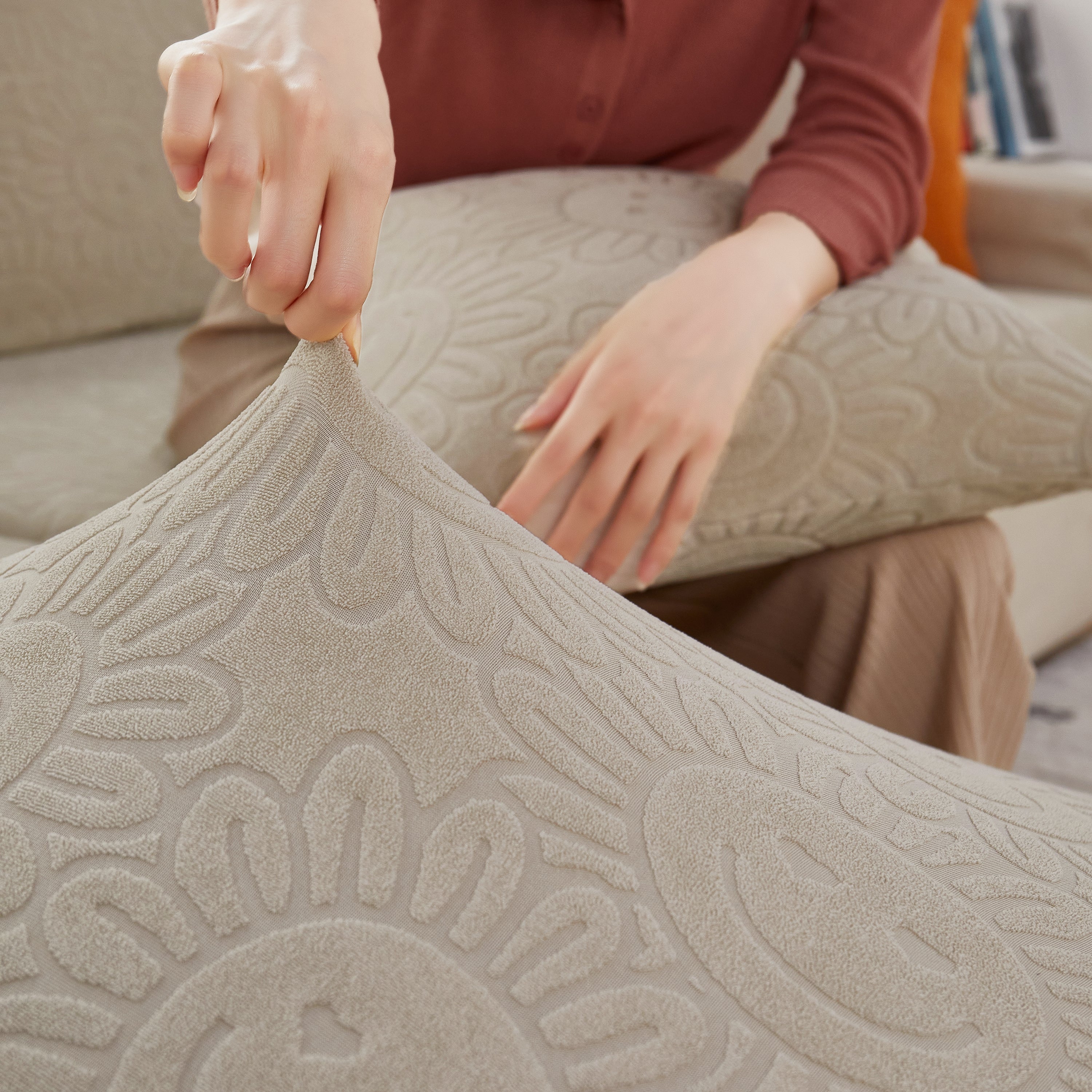 Sunflower Jacquard Fleece Stretchable Cushion Cover, Non-slip Furniture Covers For Pets, L Shaped Couch Cushion Covers
