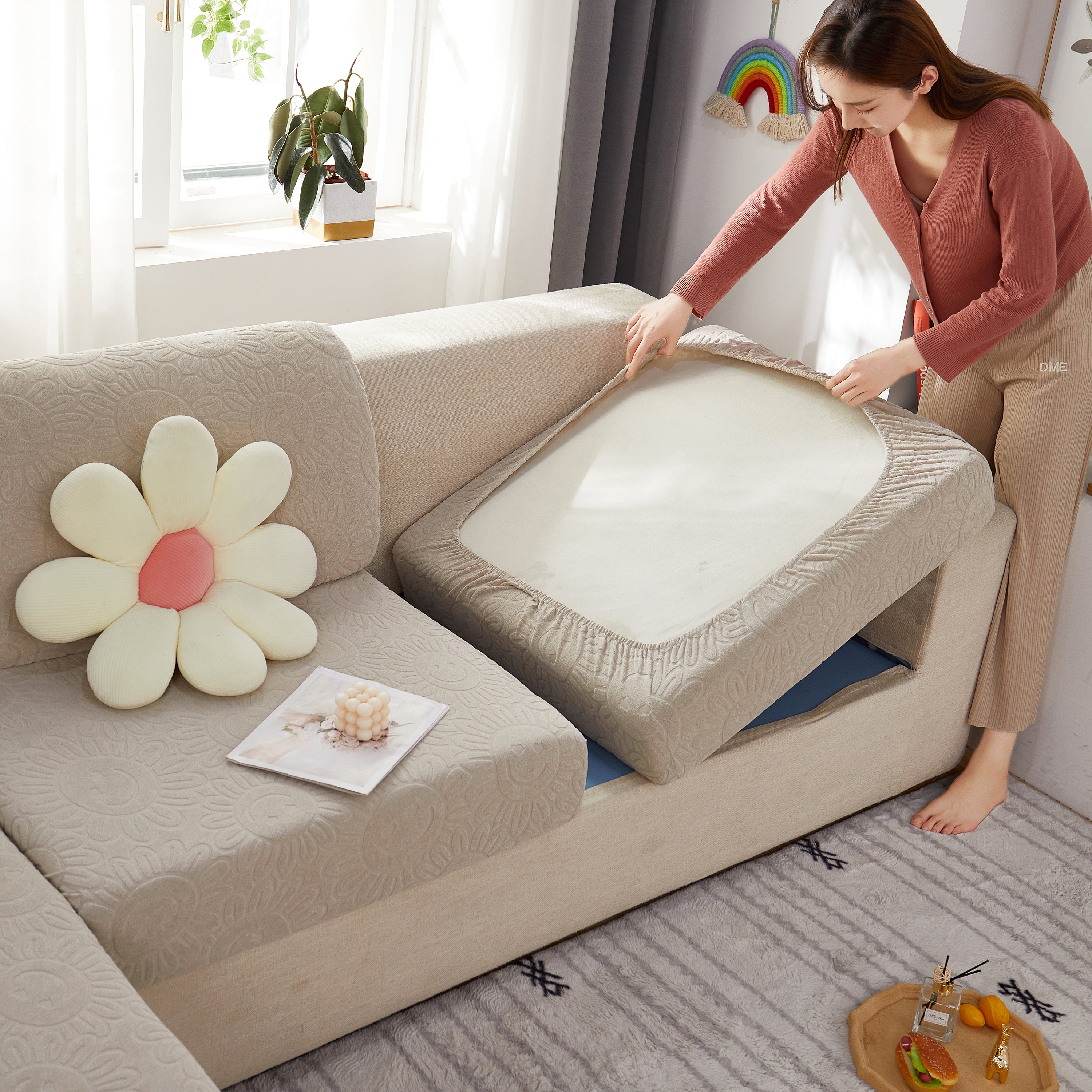 Sunflower Jacquard Fleece Stretchable Cushion Cover, Non-slip Furniture Covers For Pets, L Shaped Couch Cushion Covers