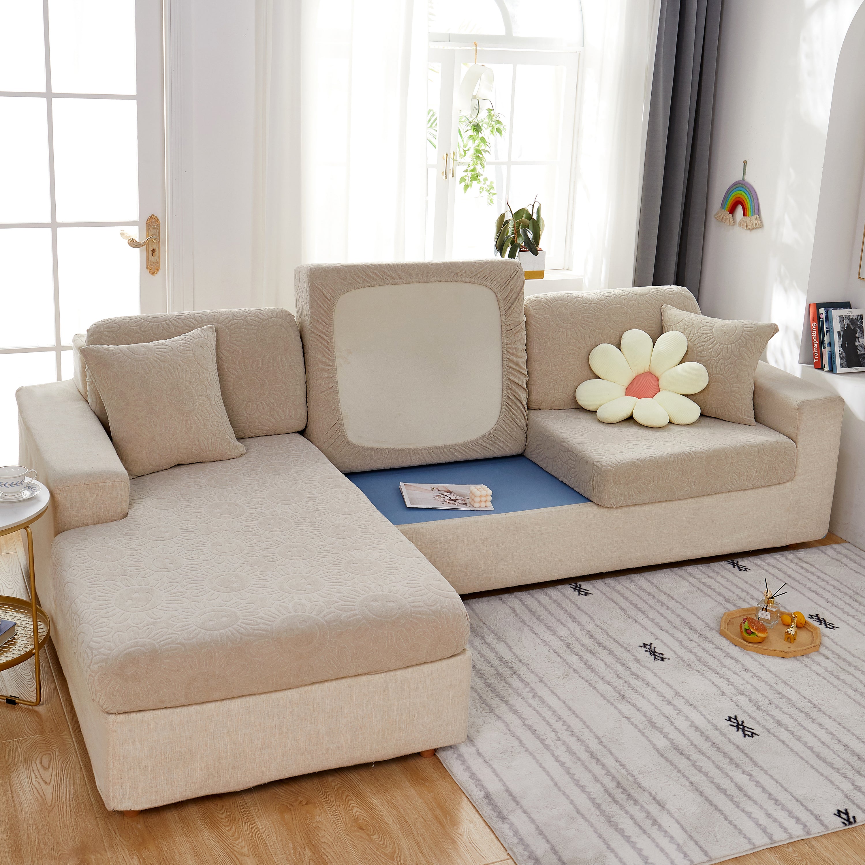 Sunflower Jacquard Fleece Stretchable Cushion Cover, Non-slip Furniture Covers For Pets, L Shaped Couch Cushion Covers