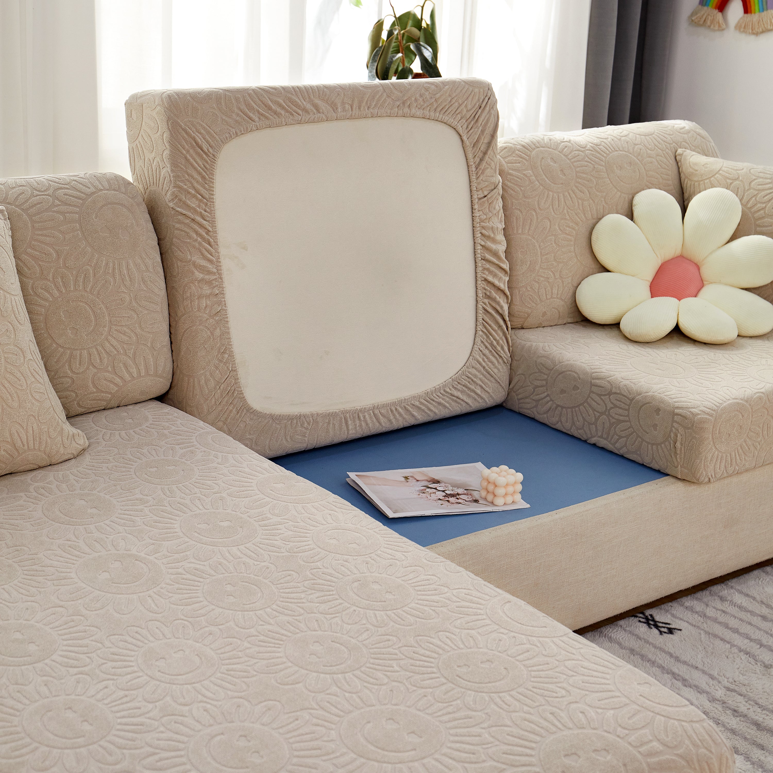Sunflower Jacquard Fleece Stretchable Cushion Cover, Non-slip Furniture Covers For Pets, L Shaped Couch Cushion Covers