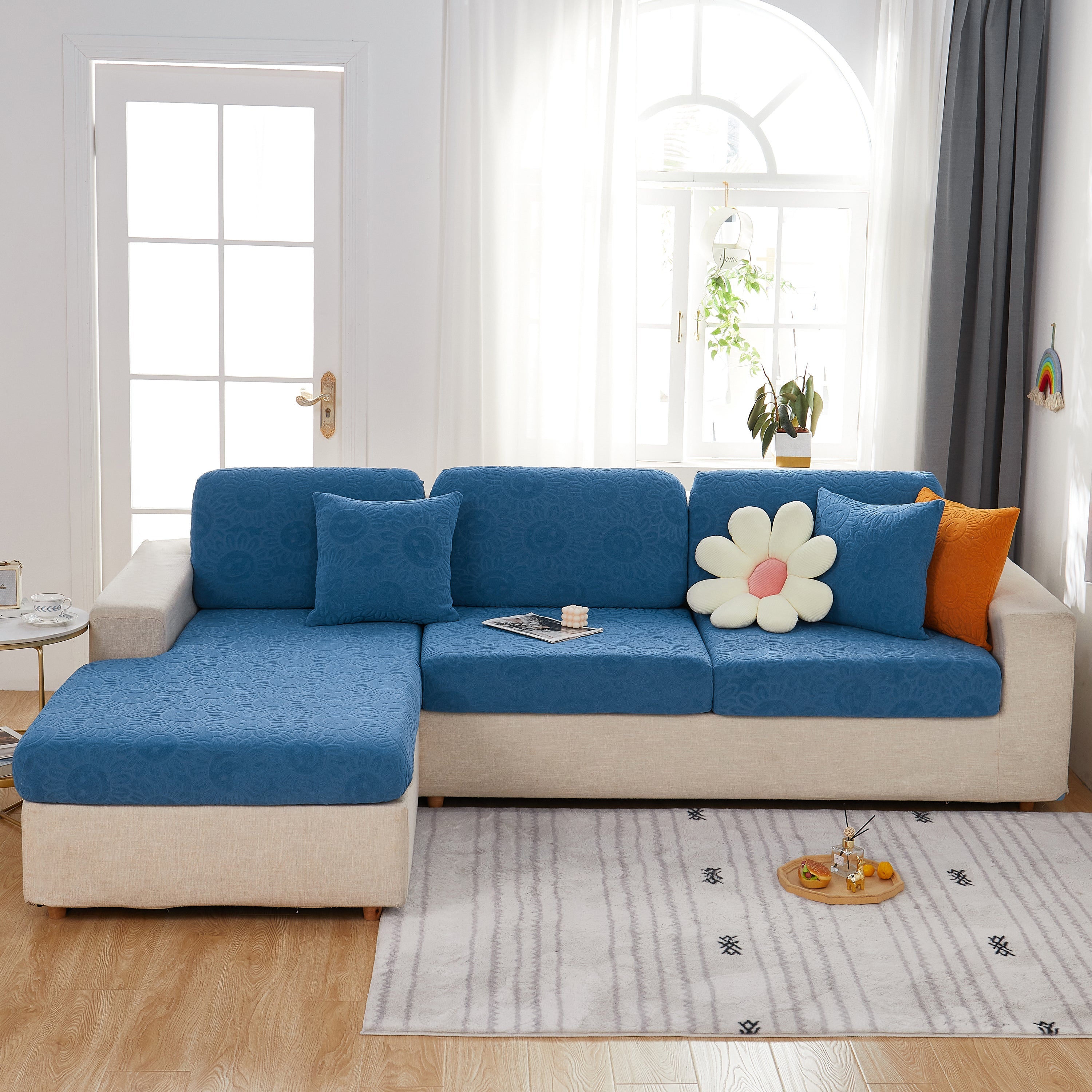 Sunflower Jacquard Fleece Stretchable Cushion Cover, Non-slip Furniture Covers For Pets, L Shaped Couch Cushion Covers