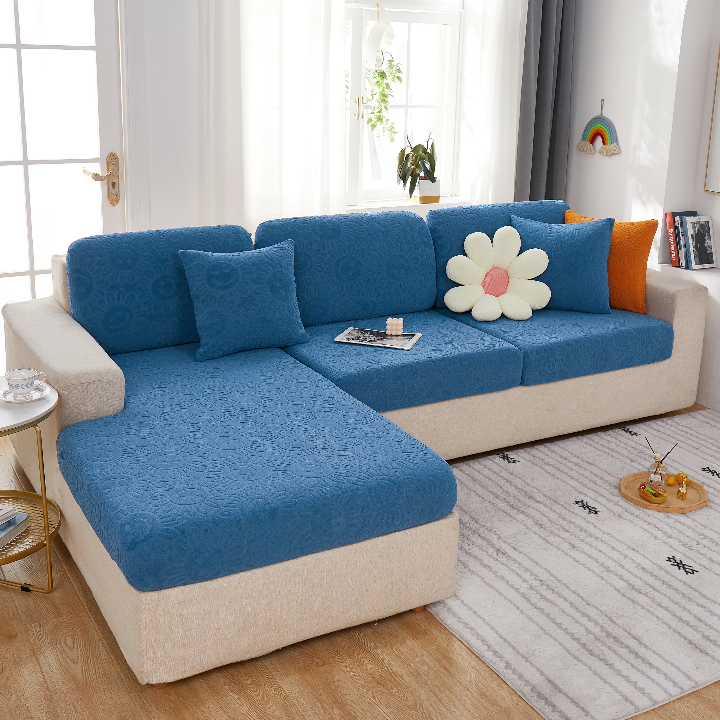 Sunflower Jacquard Fleece Stretchable Cushion Cover, Non-slip Furniture Covers For Pets, L Shaped Couch Cushion Covers