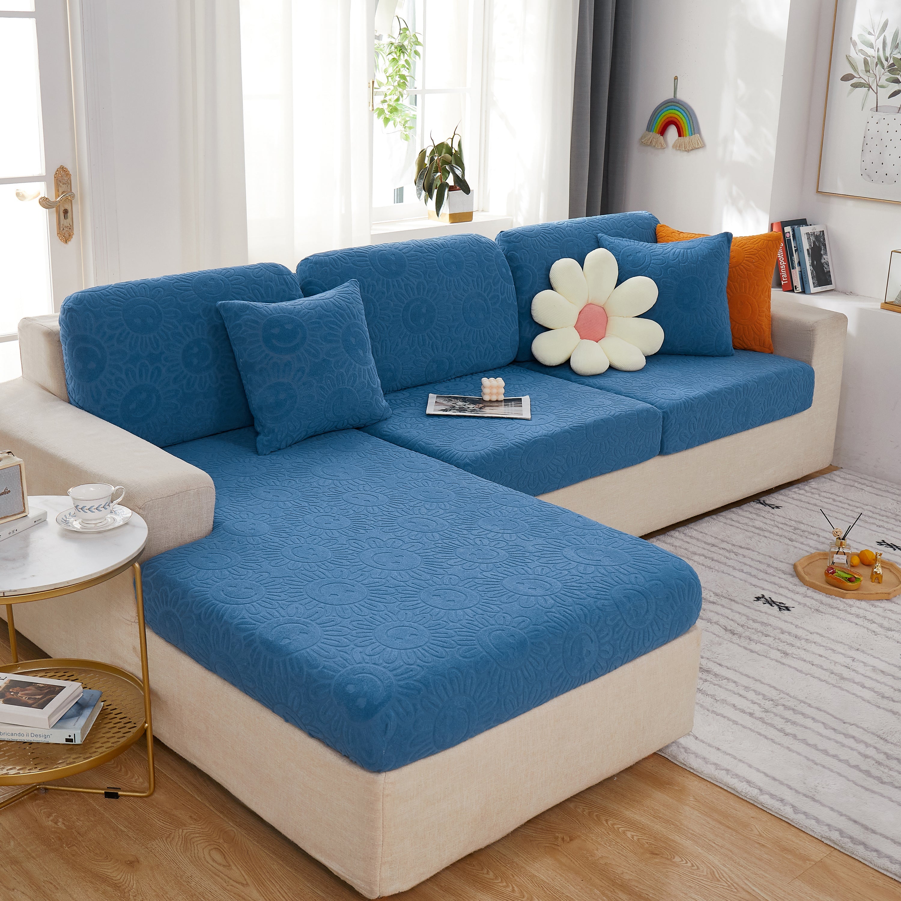 Sunflower Jacquard Fleece Stretchable Cushion Cover, Non-slip Furniture Covers For Pets, L Shaped Couch Cushion Covers