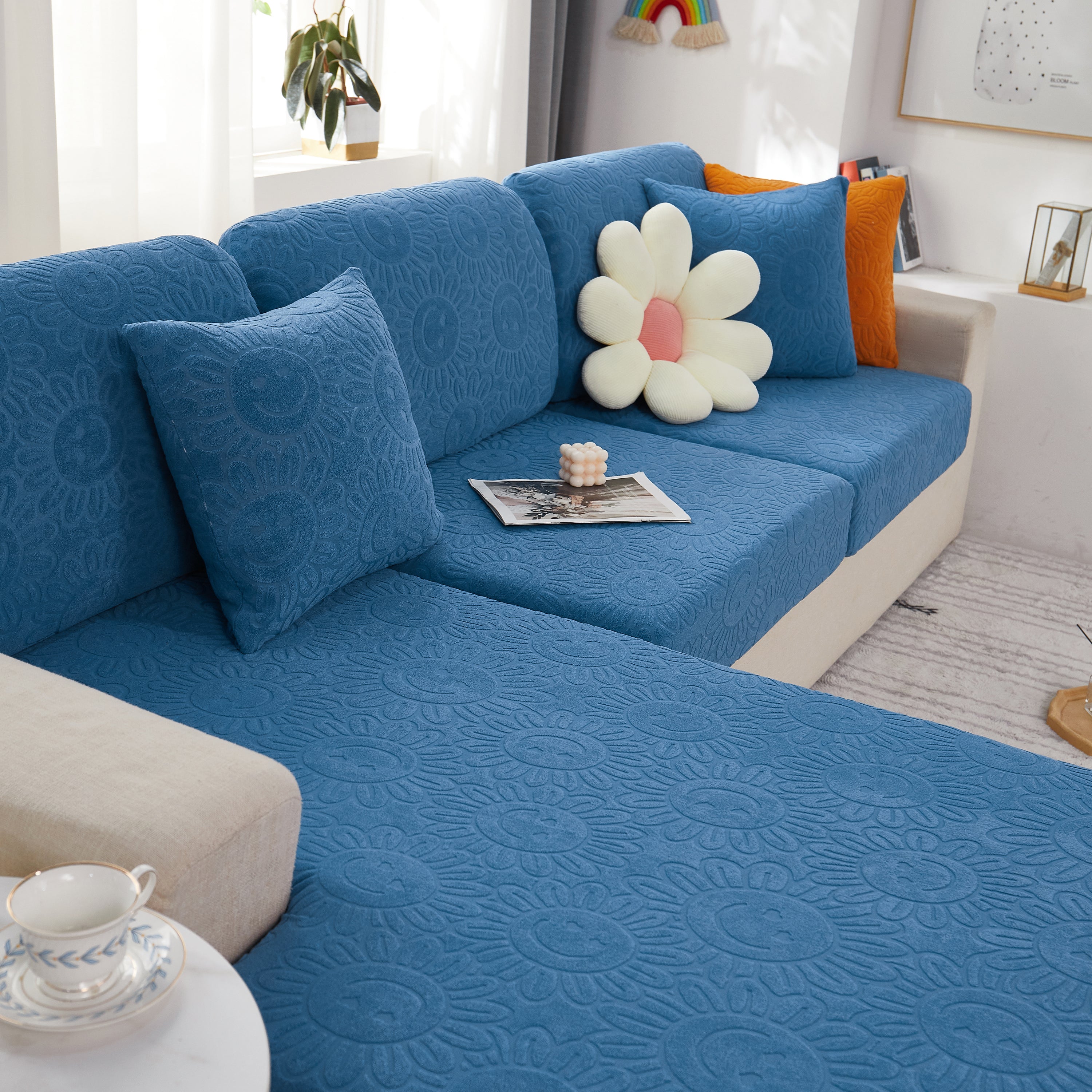 Sunflower Jacquard Fleece Stretchable Cushion Cover, Non-slip Furniture Covers For Pets, L Shaped Couch Cushion Covers