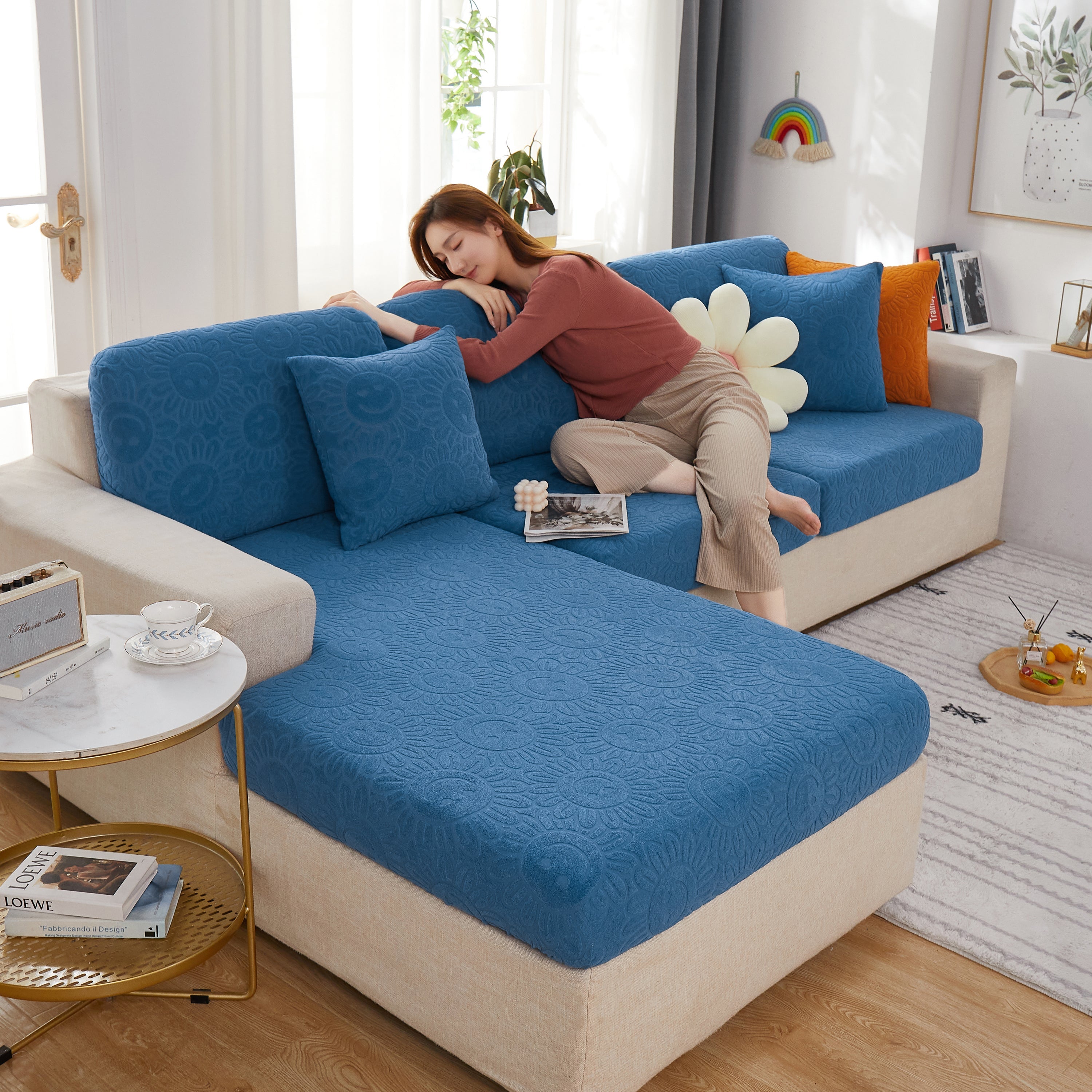 Sunflower Jacquard Fleece Stretchable Cushion Cover, Non-slip Furniture Covers For Pets, L Shaped Couch Cushion Covers