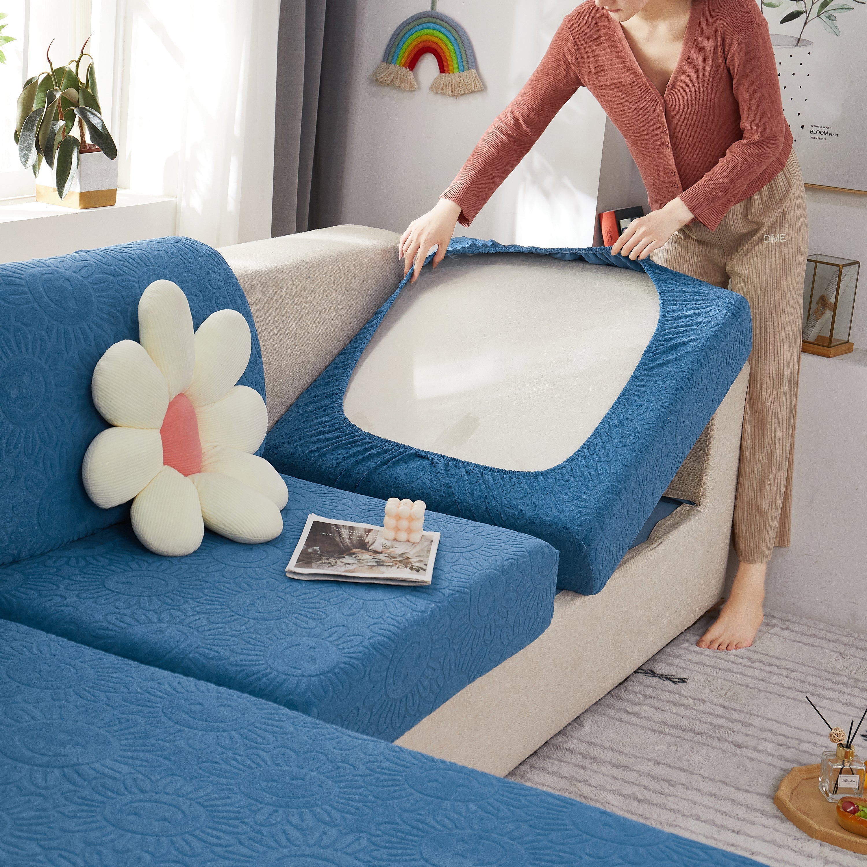 Sunflower Jacquard Fleece Stretchable Cushion Cover, Non-slip Furniture Covers For Pets, L Shaped Couch Cushion Covers