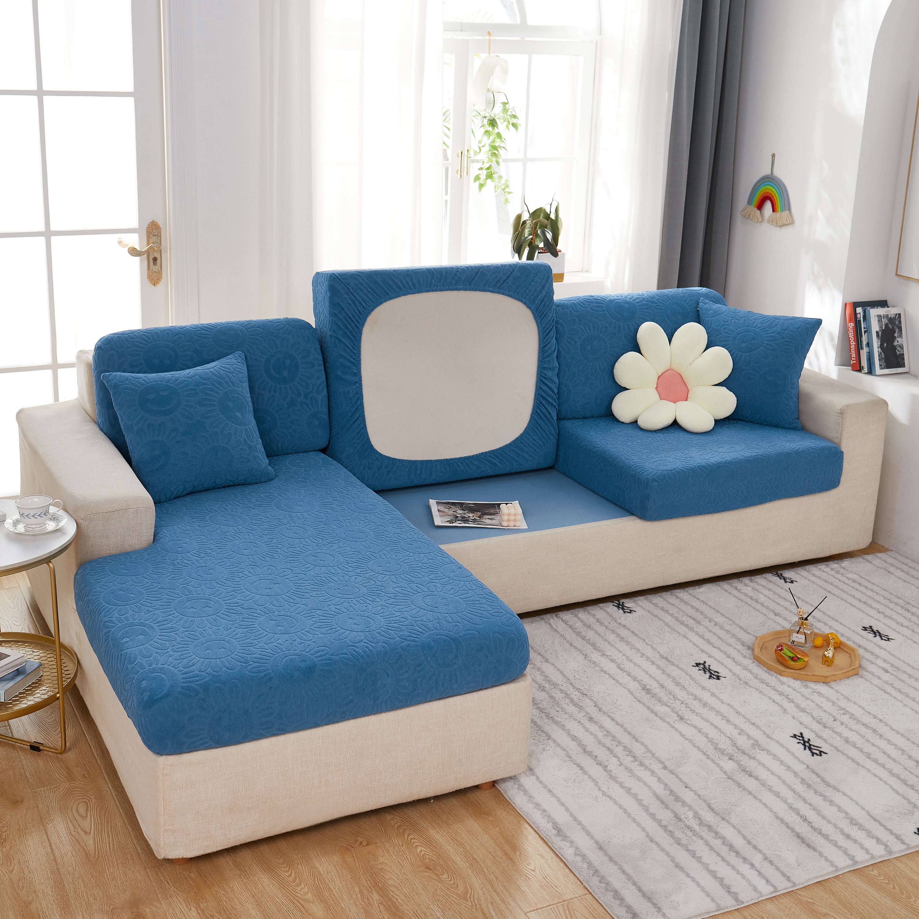 Sunflower Jacquard Fleece Stretchable Cushion Cover, Non-slip Furniture Covers For Pets, L Shaped Couch Cushion Covers