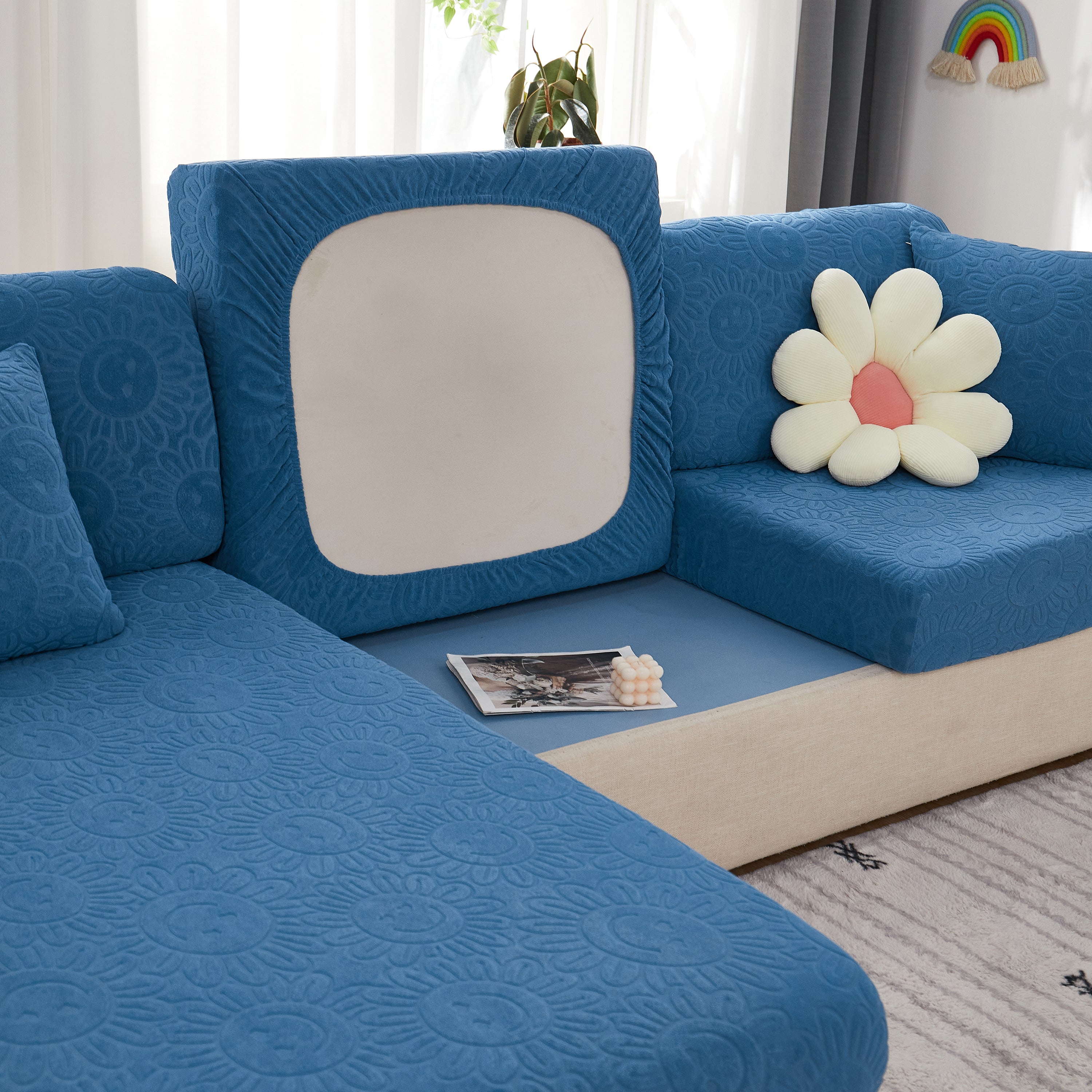 Sunflower Jacquard Fleece Stretchable Cushion Cover, Non-slip Furniture Covers For Pets, L Shaped Couch Cushion Covers