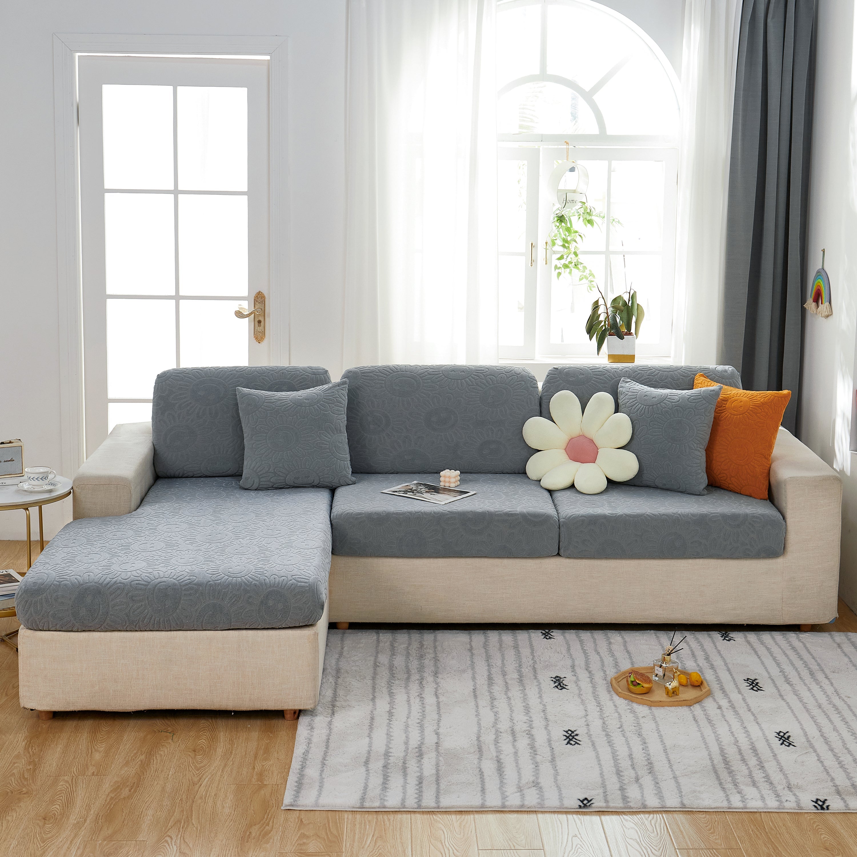 Sunflower Jacquard Fleece Stretchable Cushion Cover, Non-slip Furniture Covers For Pets, L Shaped Couch Cushion Covers
