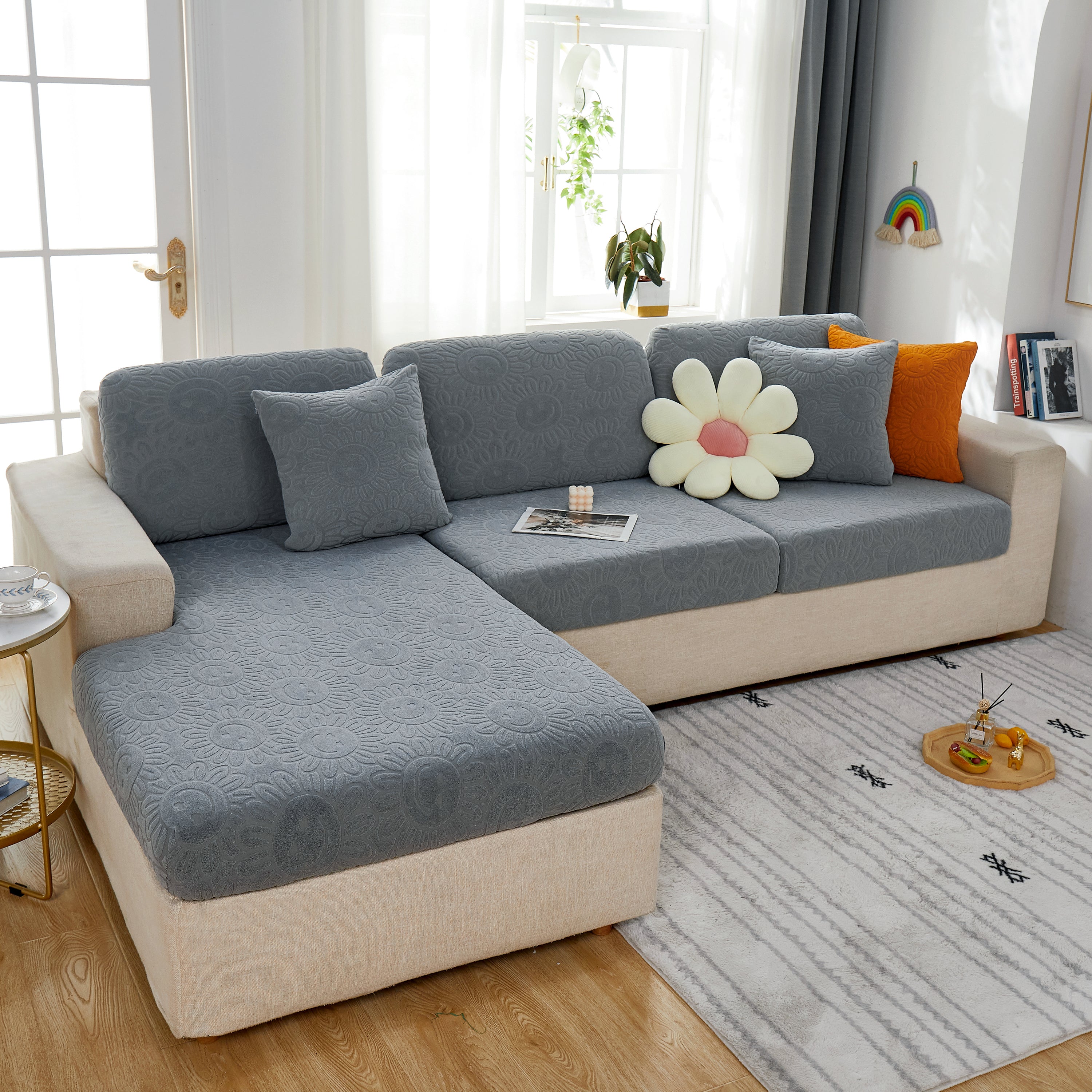 Sunflower Jacquard Fleece Stretchable Cushion Cover, Non-slip Furniture Covers For Pets, L Shaped Couch Cushion Covers