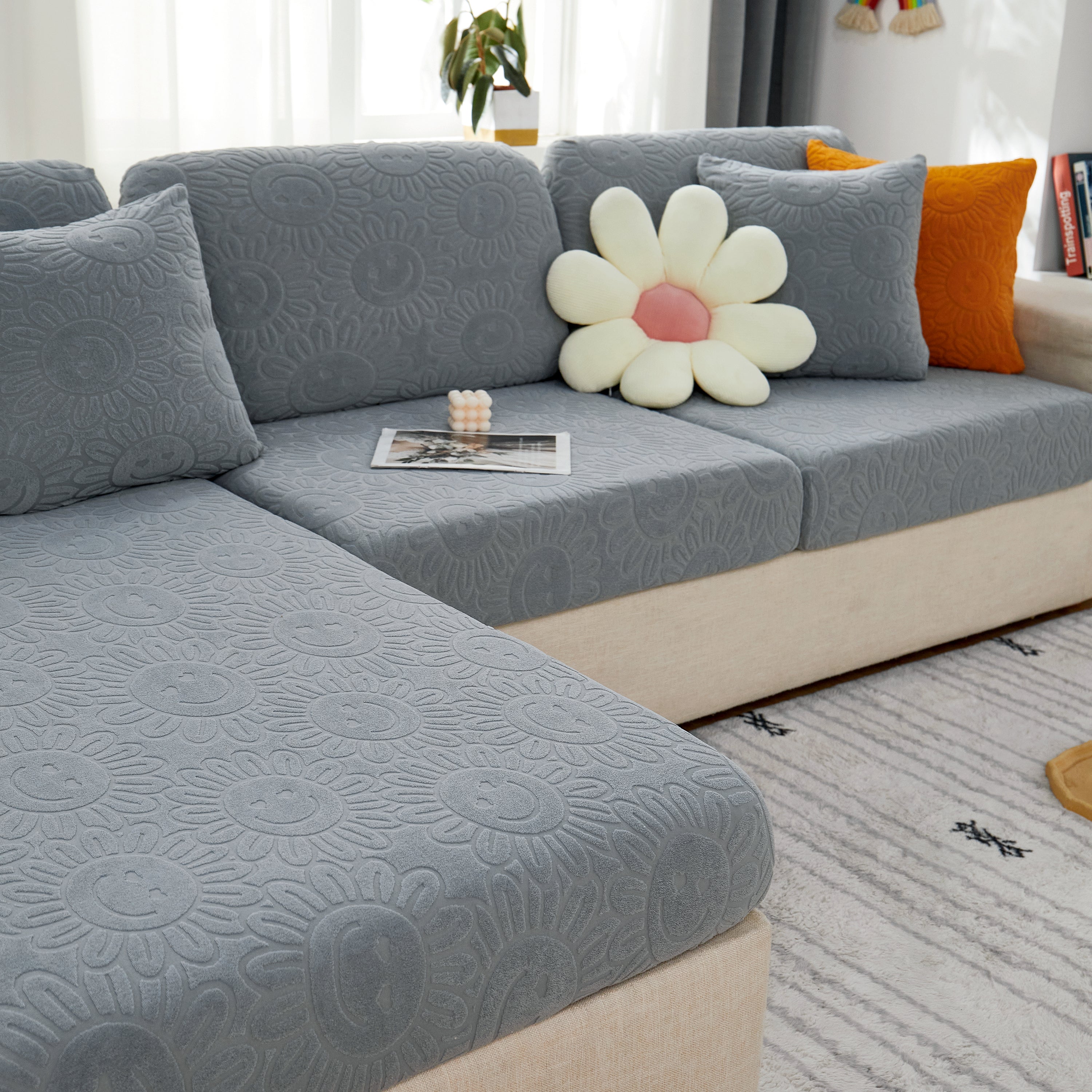 Sunflower Jacquard Fleece Stretchable Cushion Cover, Non-slip Furniture Covers For Pets, L Shaped Couch Cushion Covers