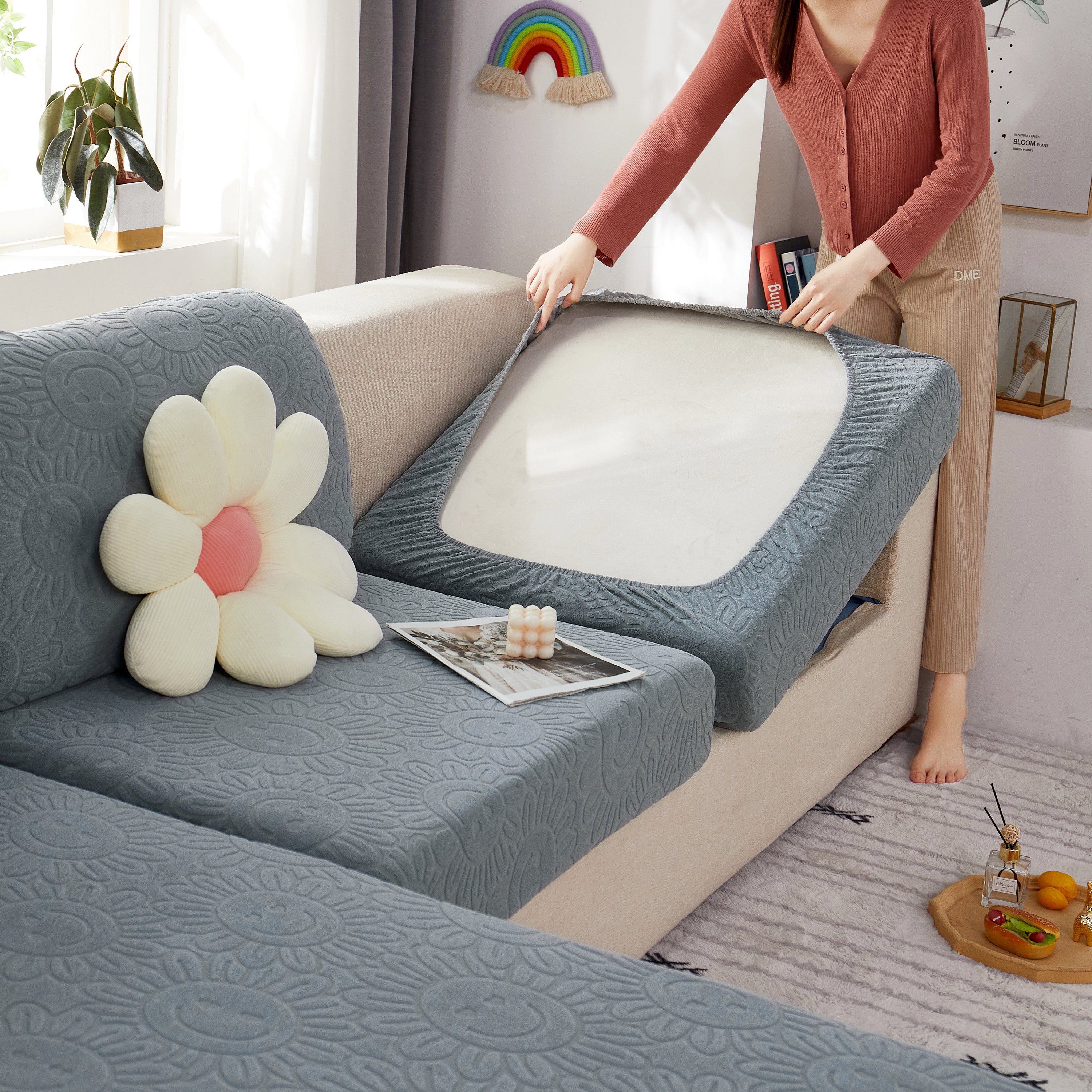 Sunflower Jacquard Fleece Stretchable Cushion Cover, Non-slip Furniture Covers For Pets, L Shaped Couch Cushion Covers