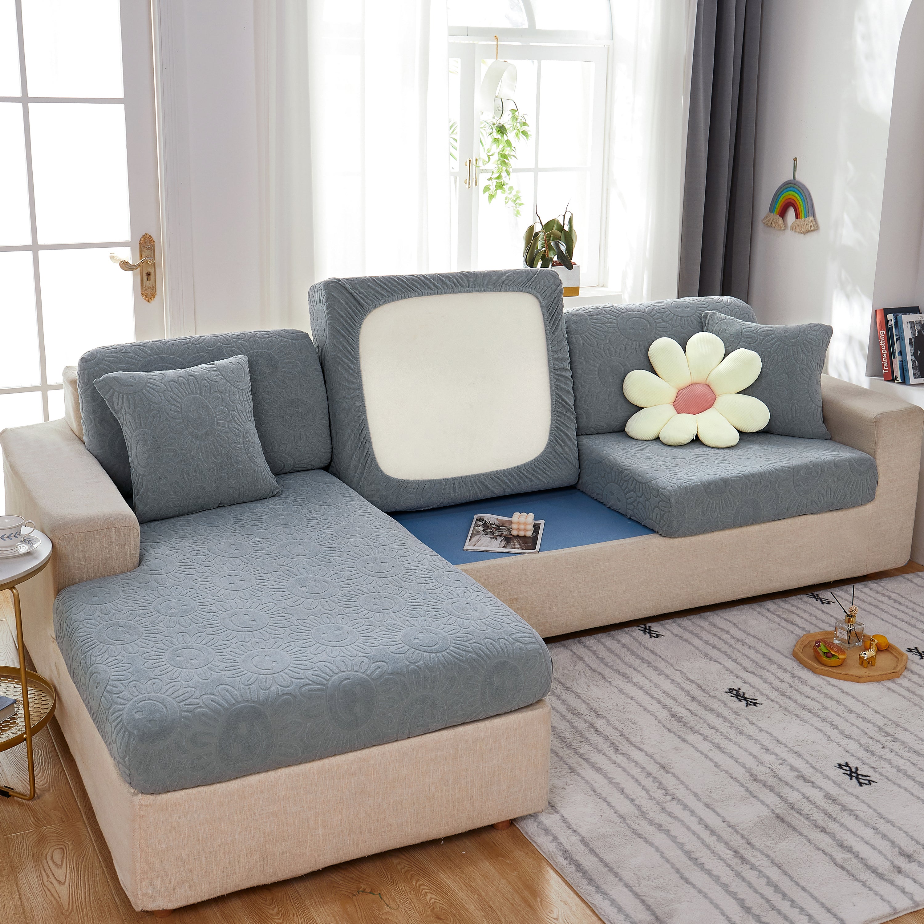 Sunflower Jacquard Fleece Stretchable Cushion Cover, Non-slip Furniture Covers For Pets, L Shaped Couch Cushion Covers