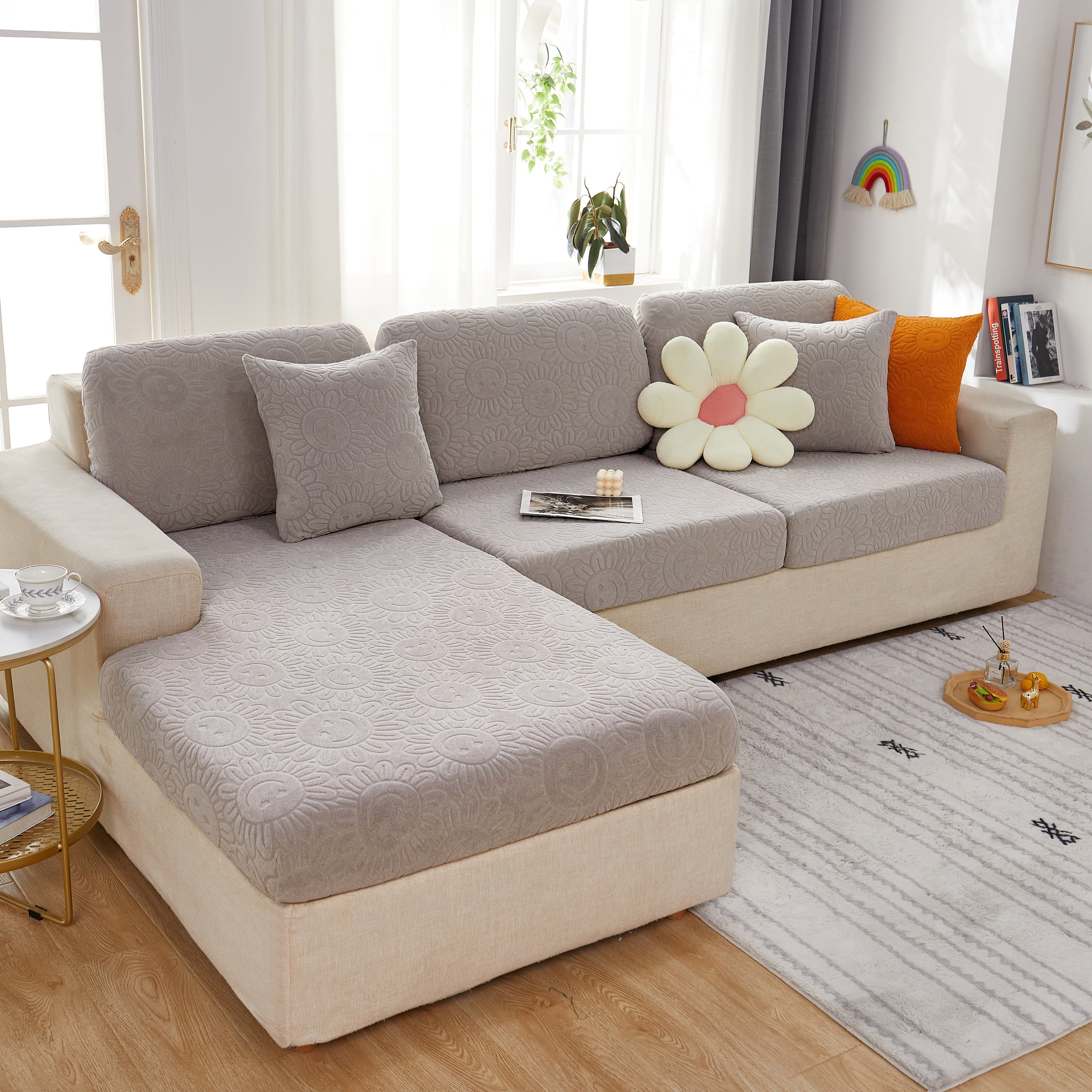 Sunflower Jacquard Fleece Stretchable Cushion Cover, Non-slip Furniture Covers For Pets, L Shaped Couch Cushion Covers