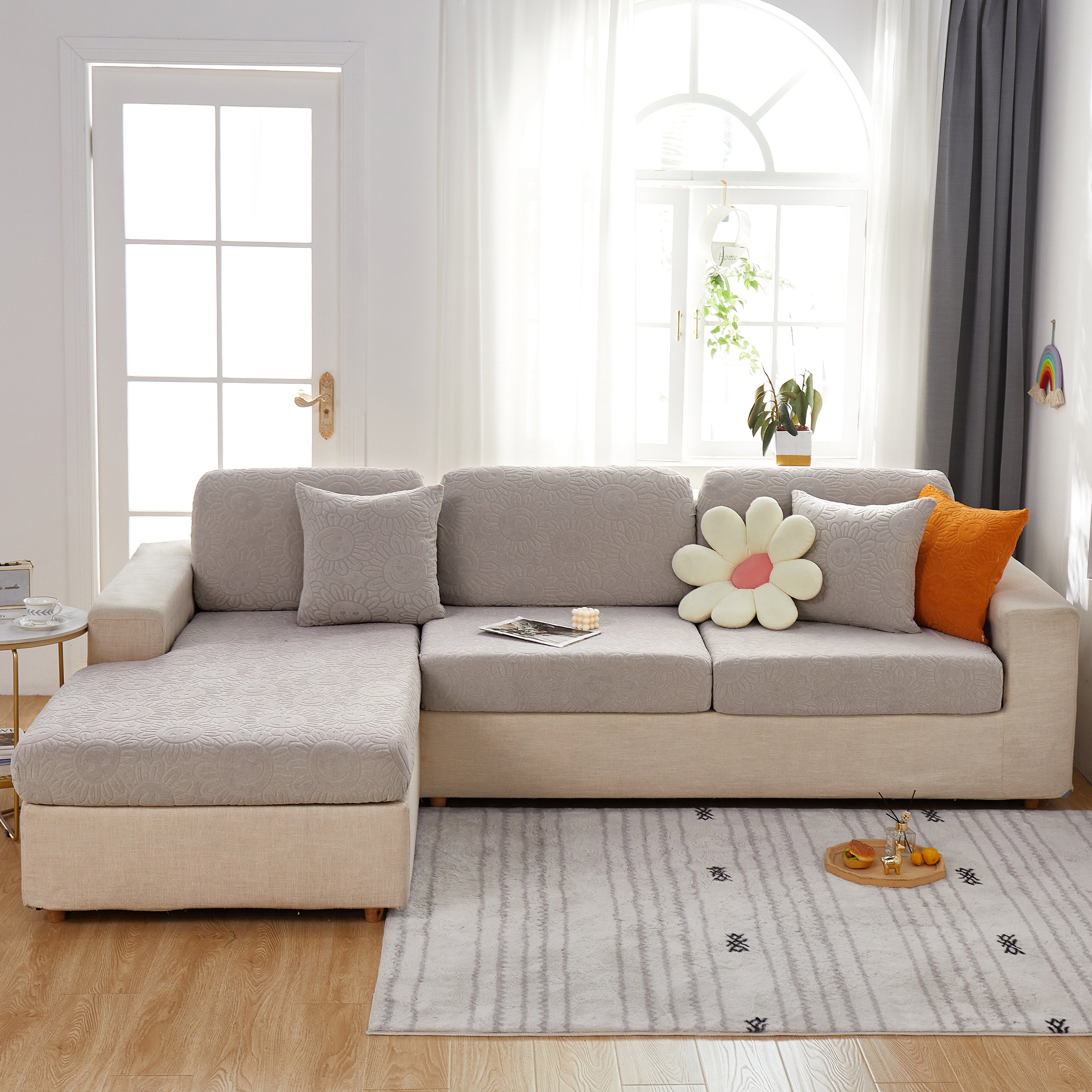 Sunflower Jacquard Fleece Stretchable Cushion Cover, Non-slip Furniture Covers For Pets, L Shaped Couch Cushion Covers