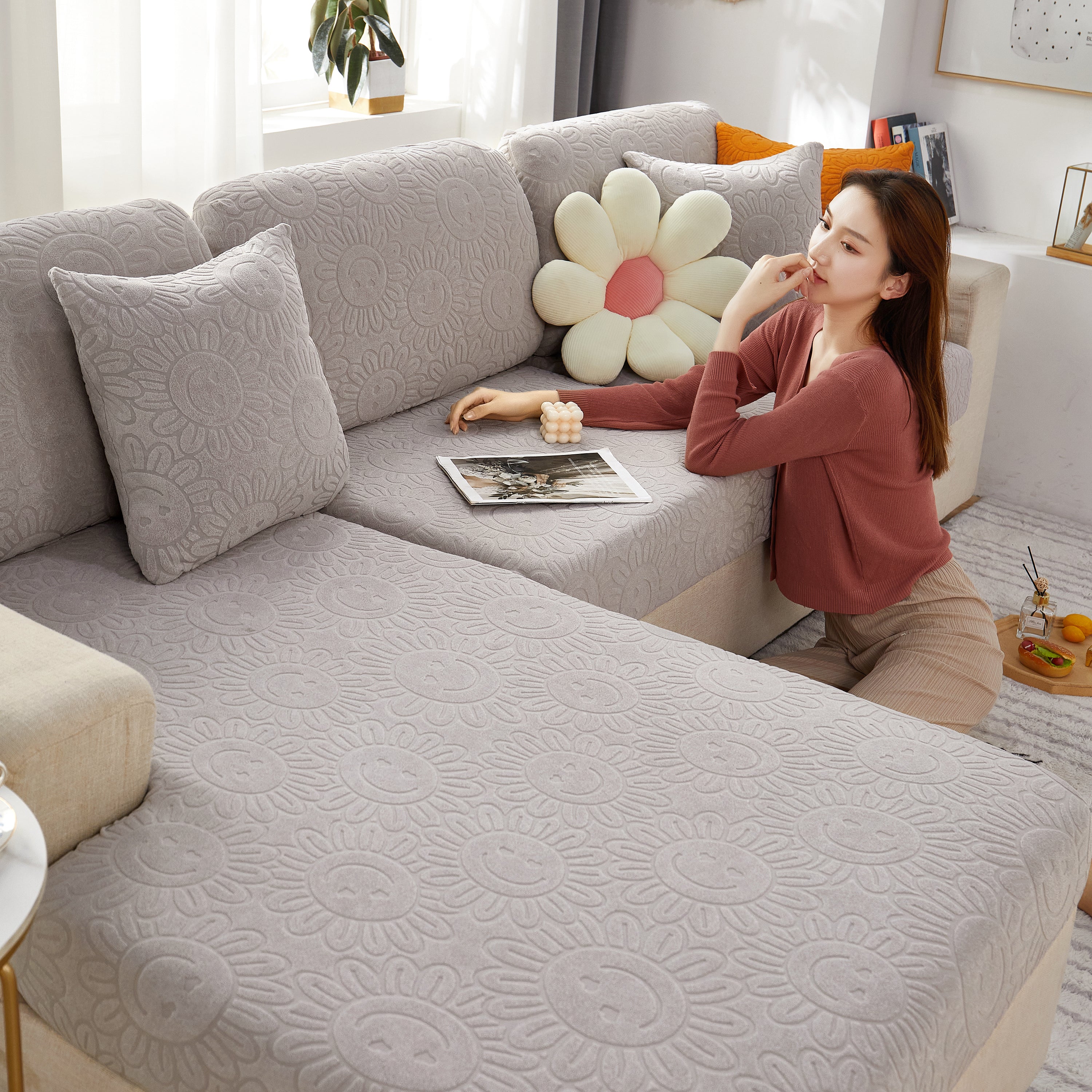 Sunflower Jacquard Fleece Stretchable Cushion Cover, Non-slip Furniture Covers For Pets, L Shaped Couch Cushion Covers