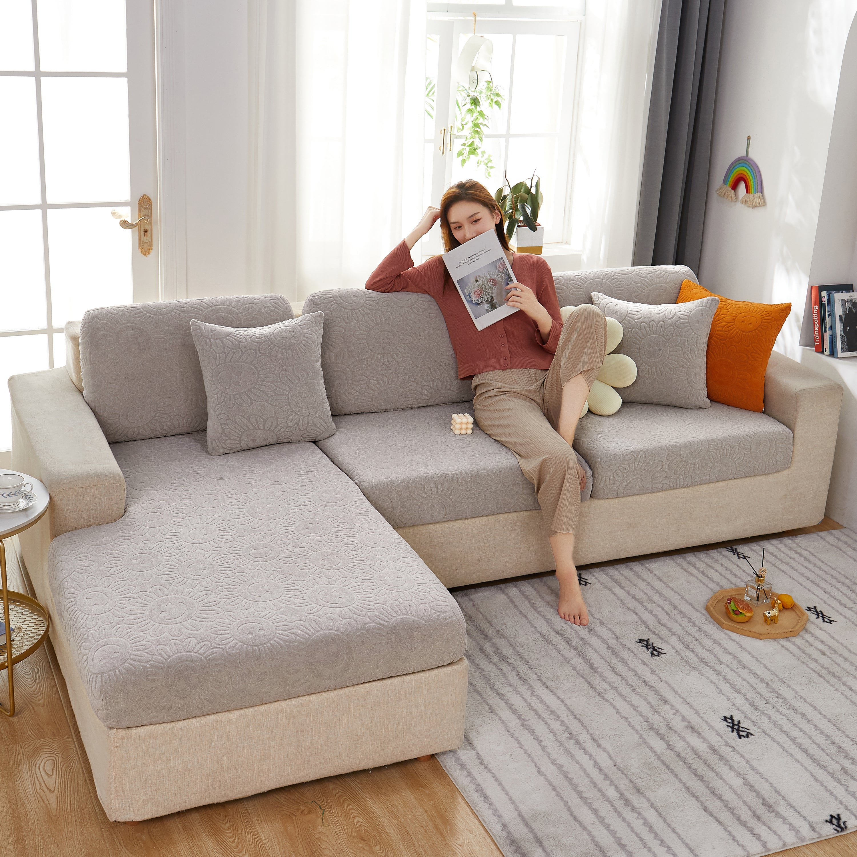 Sunflower Jacquard Fleece Stretchable Cushion Cover, Non-slip Furniture Covers For Pets, L Shaped Couch Cushion Covers