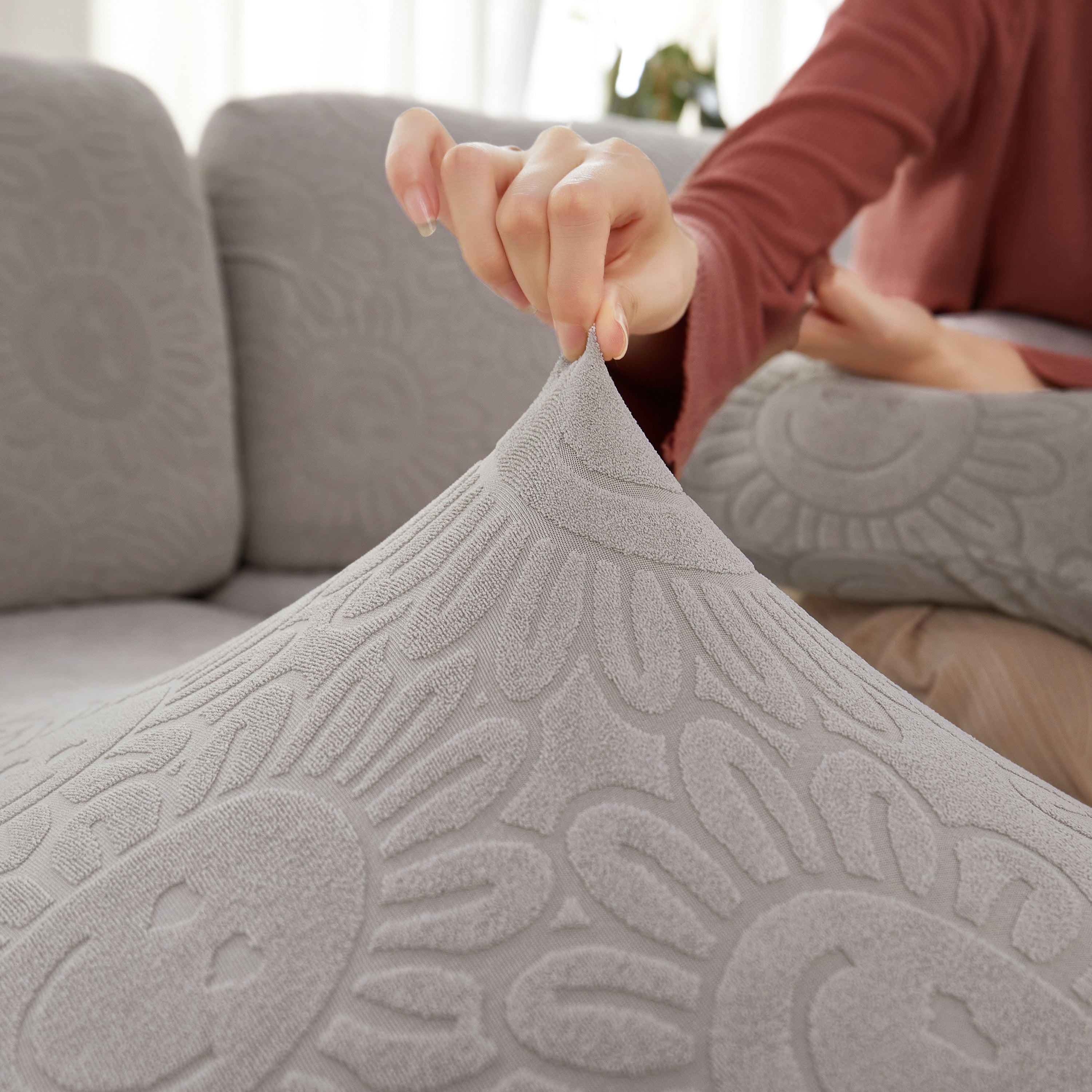 Sunflower Jacquard Fleece Stretchable Cushion Cover, Non-slip Furniture Covers For Pets, L Shaped Couch Cushion Covers