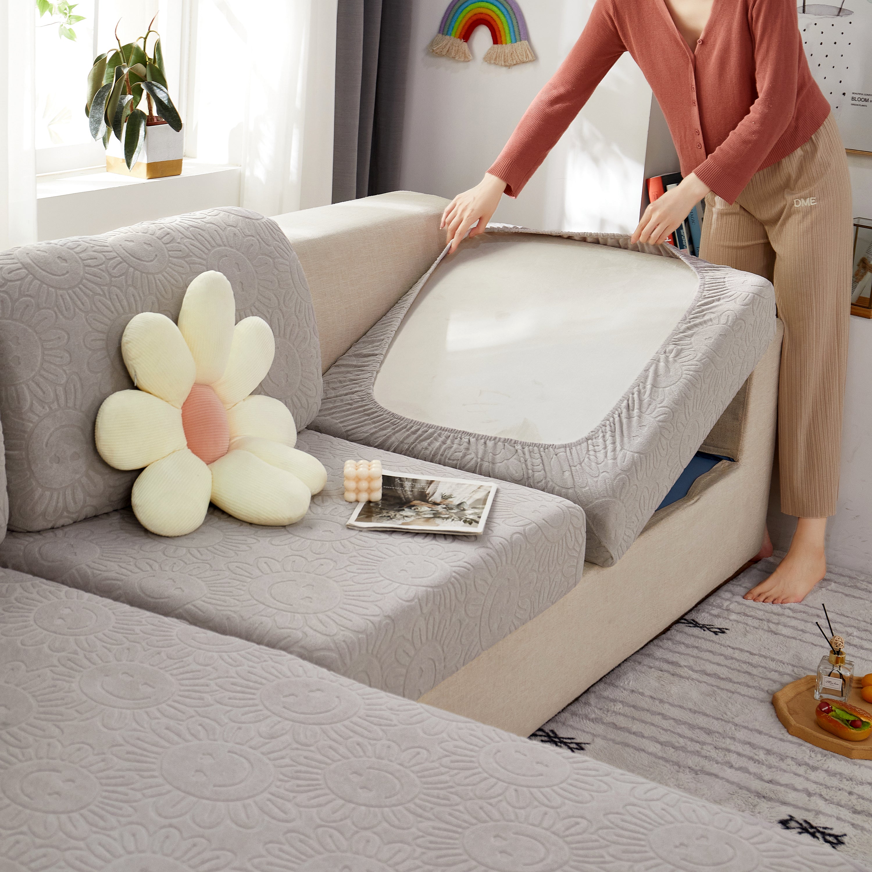 Sunflower Jacquard Fleece Stretchable Cushion Cover, Non-slip Furniture Covers For Pets, L Shaped Couch Cushion Covers