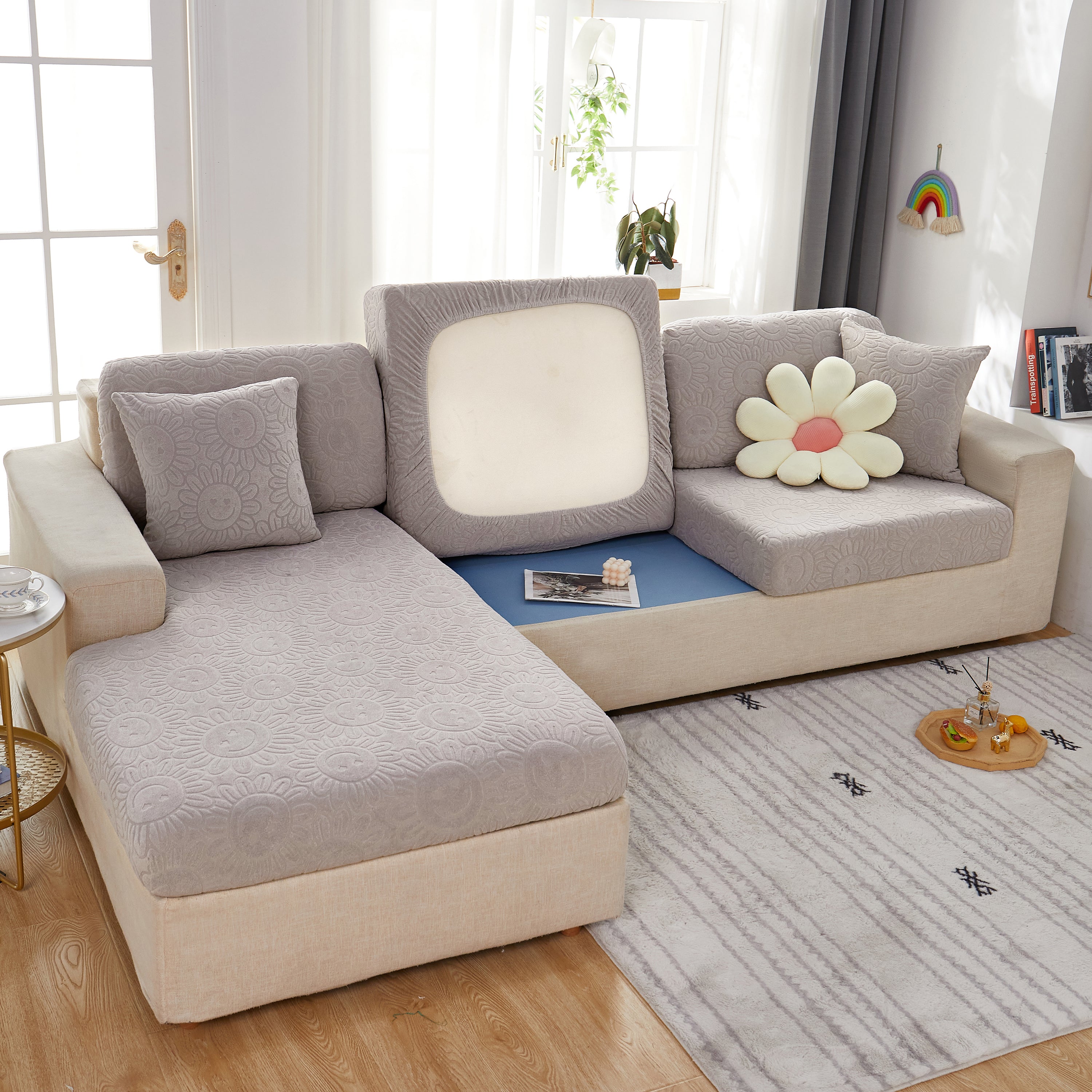 Sunflower Jacquard Fleece Stretchable Cushion Cover, Non-slip Furniture Covers For Pets, L Shaped Couch Cushion Covers