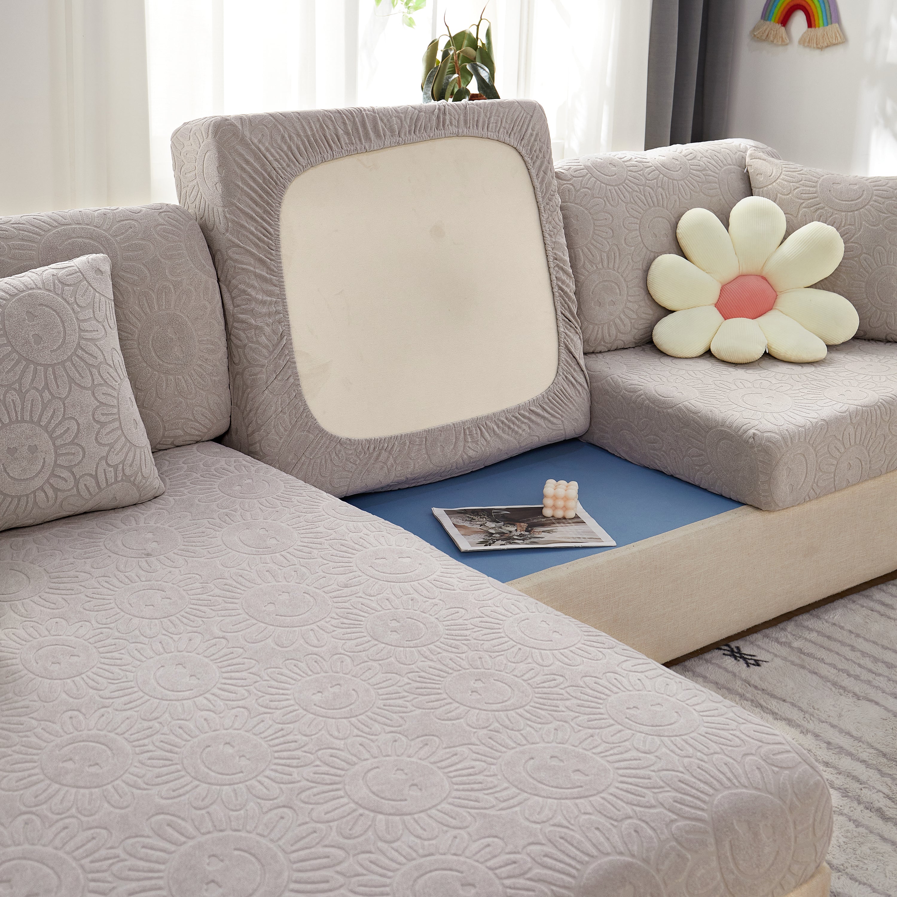Sunflower Jacquard Fleece Stretchable Cushion Cover, Non-slip Furniture Covers For Pets, L Shaped Couch Cushion Covers