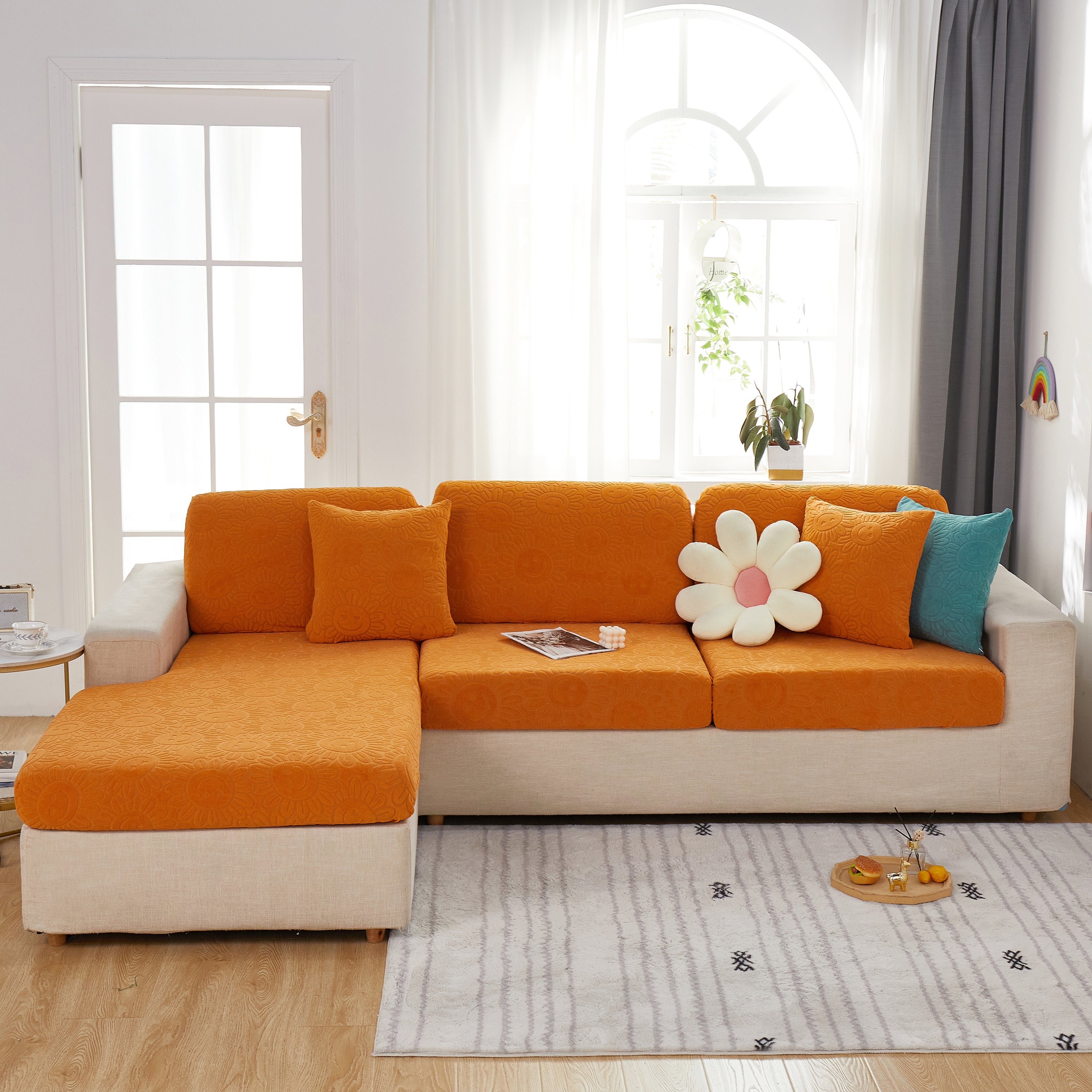 Sunflower Jacquard Fleece Stretchable Cushion Cover, Non-slip Furniture Covers For Pets, L Shaped Couch Cushion Covers