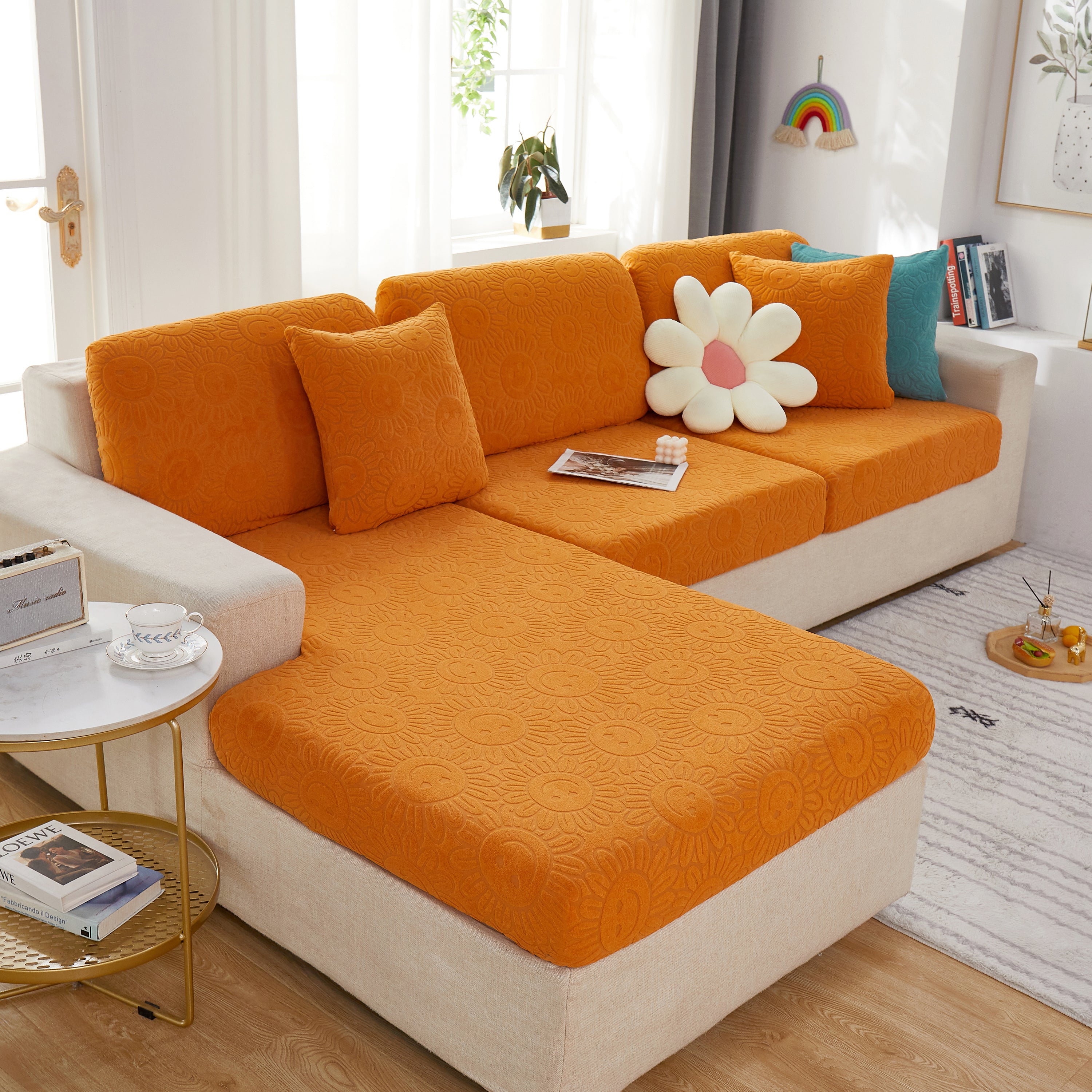 Sunflower Jacquard Fleece Stretchable Cushion Cover, Non-slip Furniture Covers For Pets, L Shaped Couch Cushion Covers
