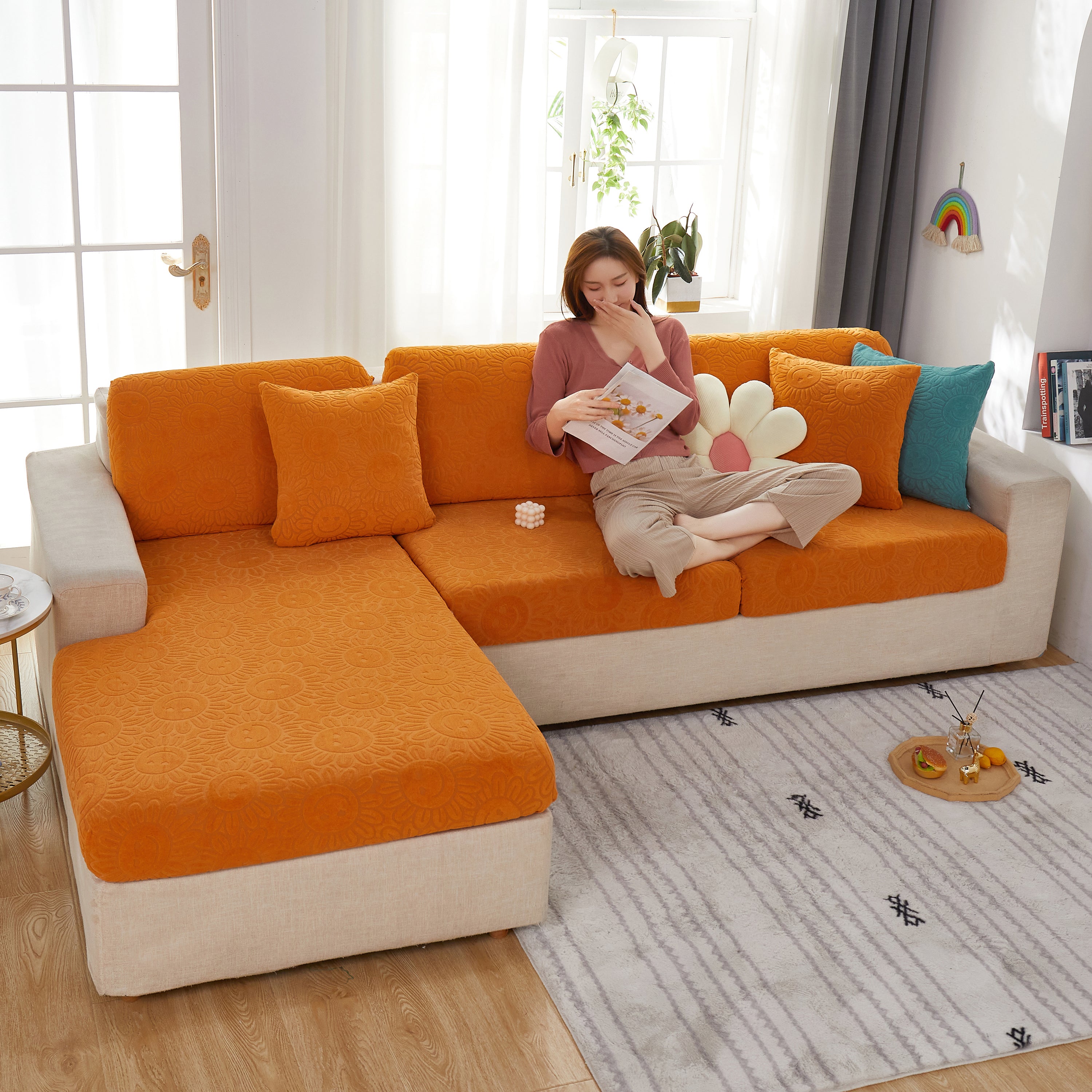Sunflower Jacquard Fleece Stretchable Cushion Cover, Non-slip Furniture Covers For Pets, L Shaped Couch Cushion Covers