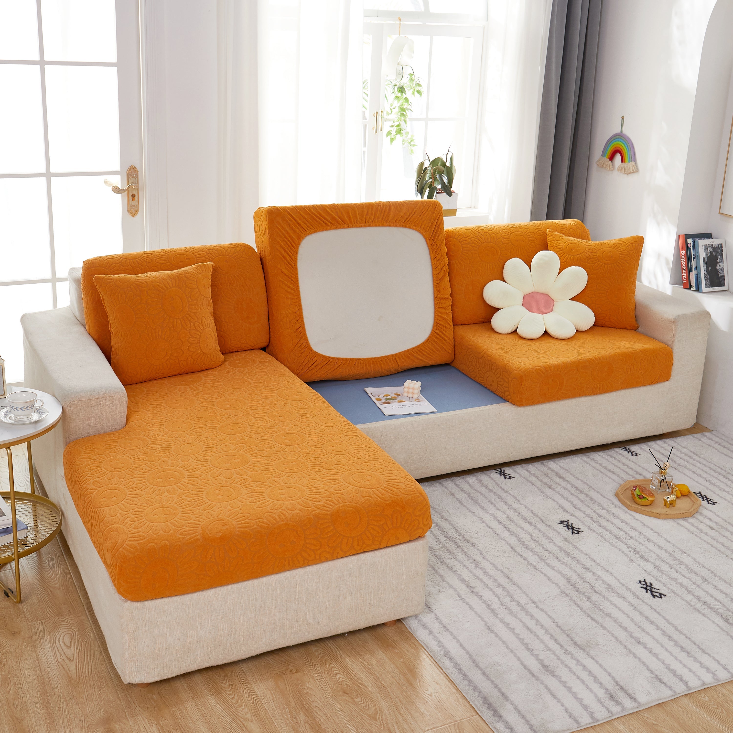 Sunflower Jacquard Fleece Stretchable Cushion Cover, Non-slip Furniture Covers For Pets, L Shaped Couch Cushion Covers