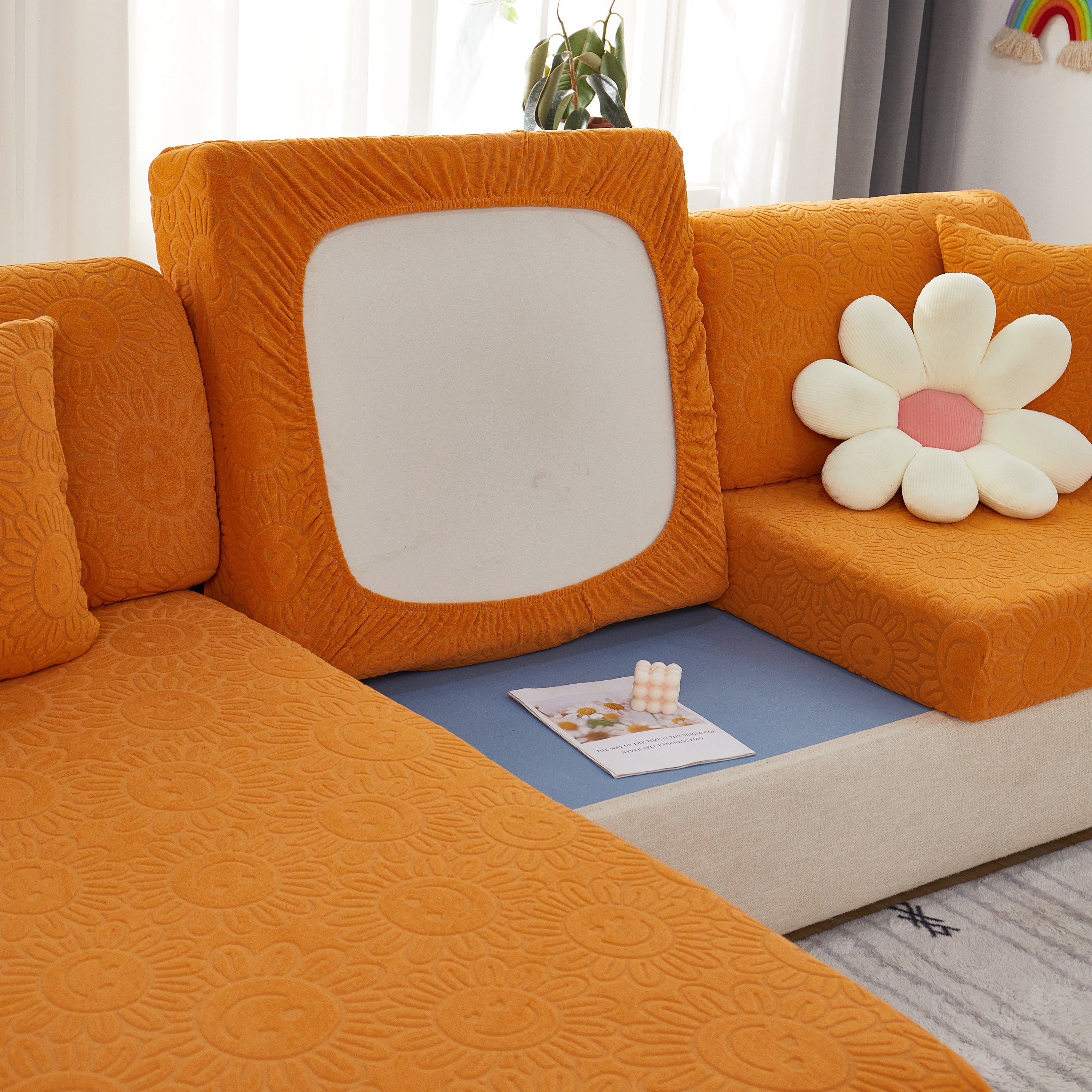 Sunflower Jacquard Fleece Stretchable Cushion Cover, Non-slip Furniture Covers For Pets, L Shaped Couch Cushion Covers