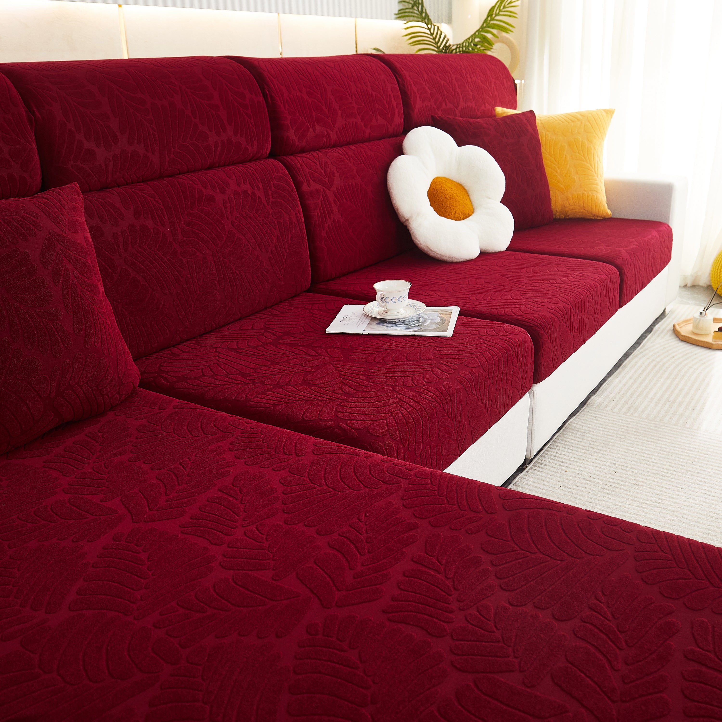 Leaf Pattern Jacquard Fabric Stretchable Cushion Cover, Non-slip Furniture Protector For Kids, L Shaped Couch Covers